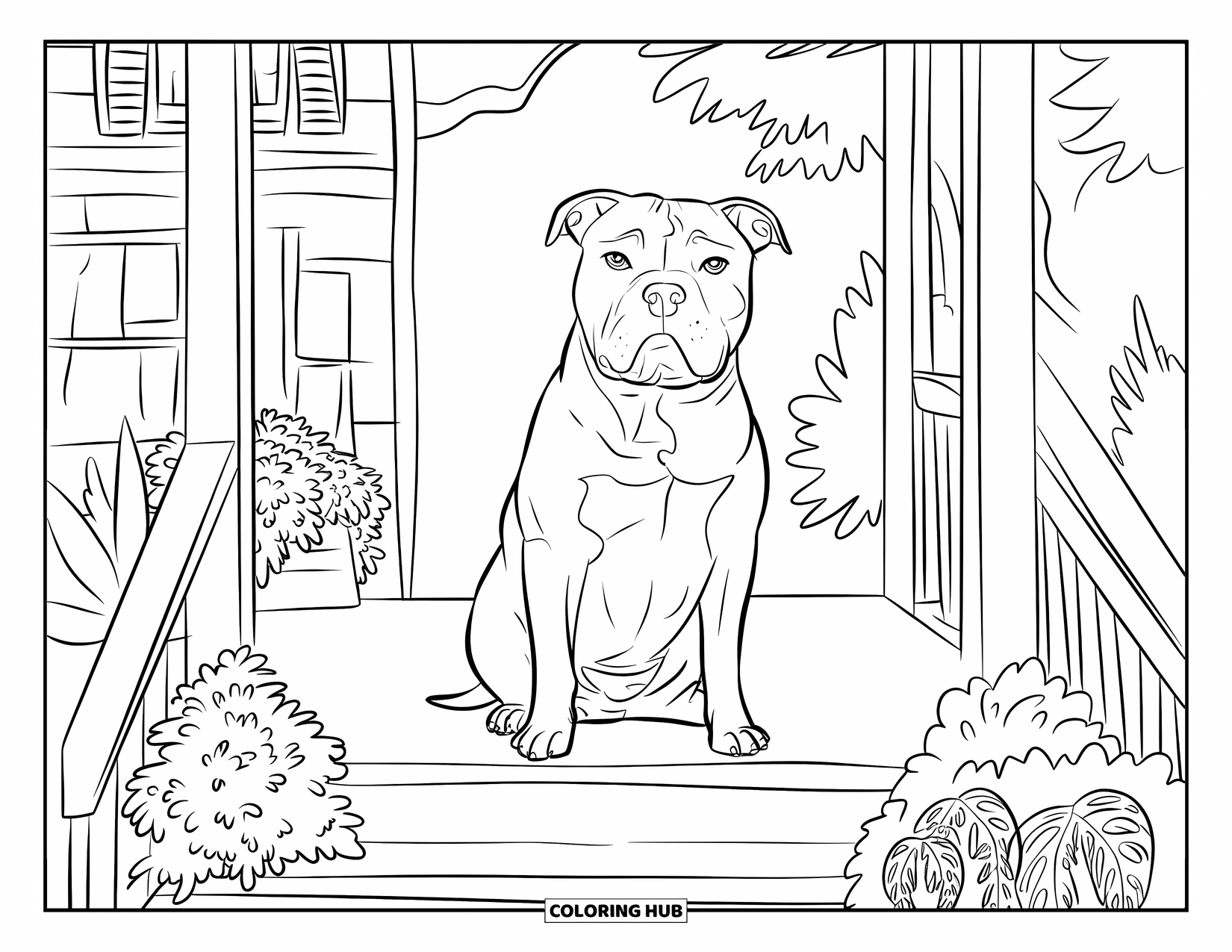 Pitbull Ausmalbild für Kinder: Pitbull sitzt auf einer Holzveranda, umgeben von Pflanzen und Blumen