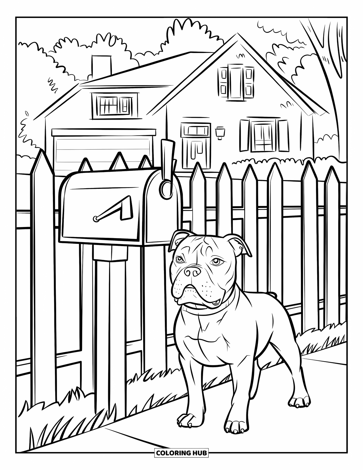 Pitbull Ausmalbild für Kinder: Pitbull steht neben einem Briefkasten mit Bäumen und einem Zaun dahinter