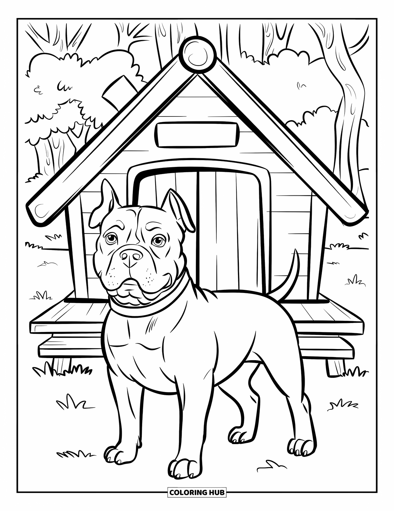 Pitbull Ausmalbild für Kinder: Pitbull steht stolz vor einer Hundehütte mit einem Namensschild