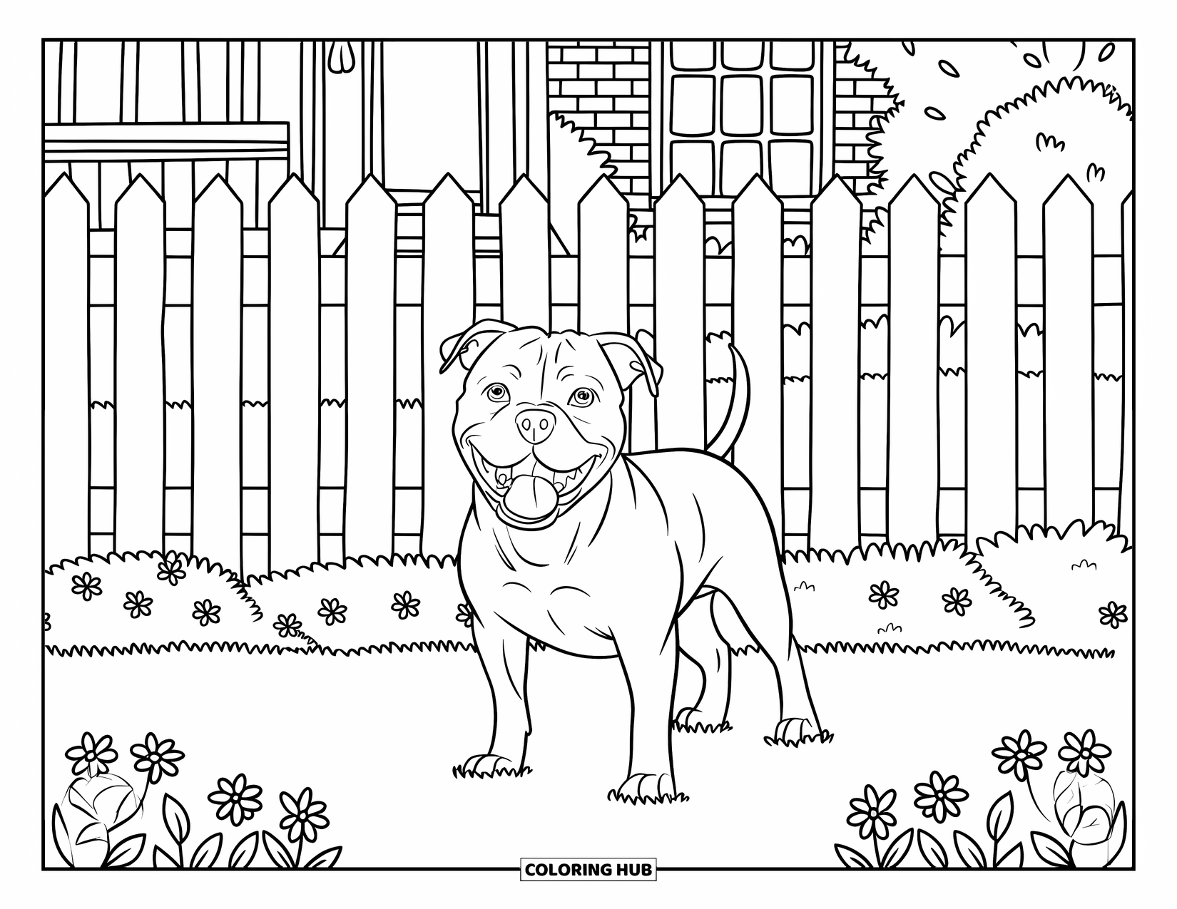 Pitbull Ausmalbild für Kinder: Pitbull steht lächelnd in der Nähe von Blumen und einem roten Backsteinhaus