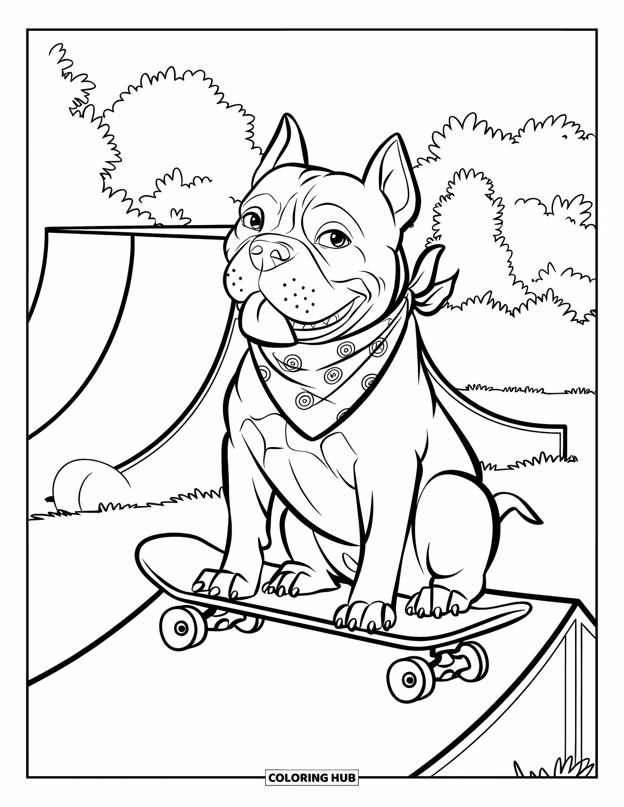 Pitbull Ausmalbild für Kinder: Pitbull mit einem Bandana sitzt verspielt auf einer Skateboardrampe