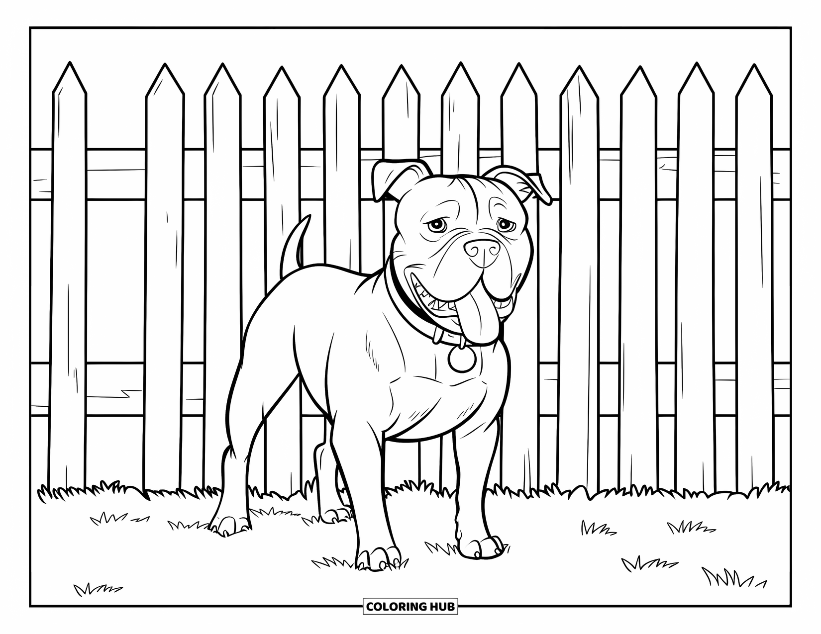 Pitbull Ausmalbild für Kinder: Pitbull mit einem großen Kopf wedelt mit dem Schwanz in der Nähe eines fleckigen alten Zauns