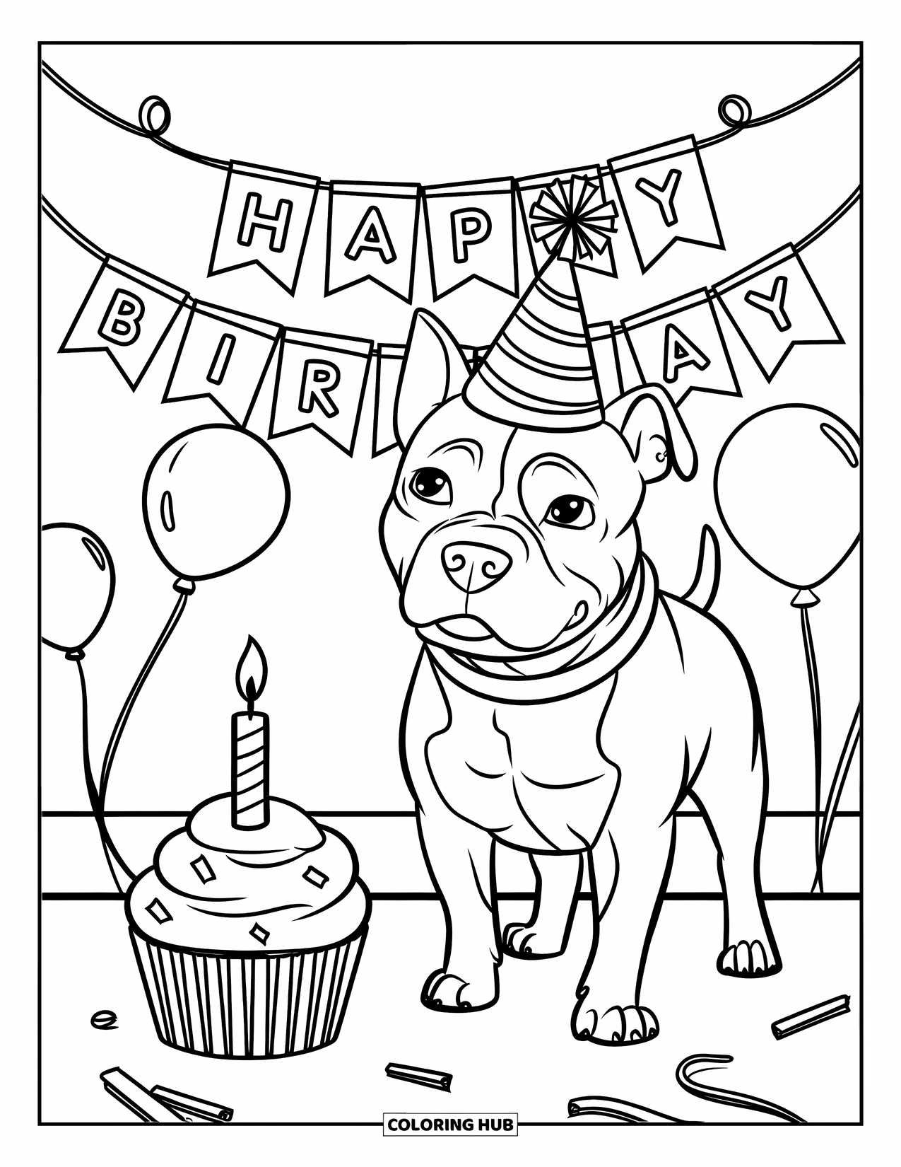 Pitbull Ausmalbild für Kinder: Pitbull mit einem Kerzen-Cupcake sitzt unter einer Geburtstagsgirlande und Luftballons