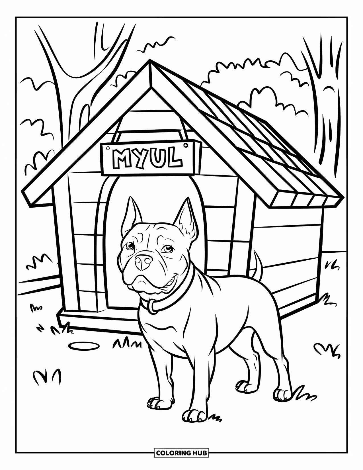 Pitbull Ausmalbild für Kinder: Pitbull mit einem Halsband steht in der Nähe einer hölzernen Hundehütte unter den Bäumen