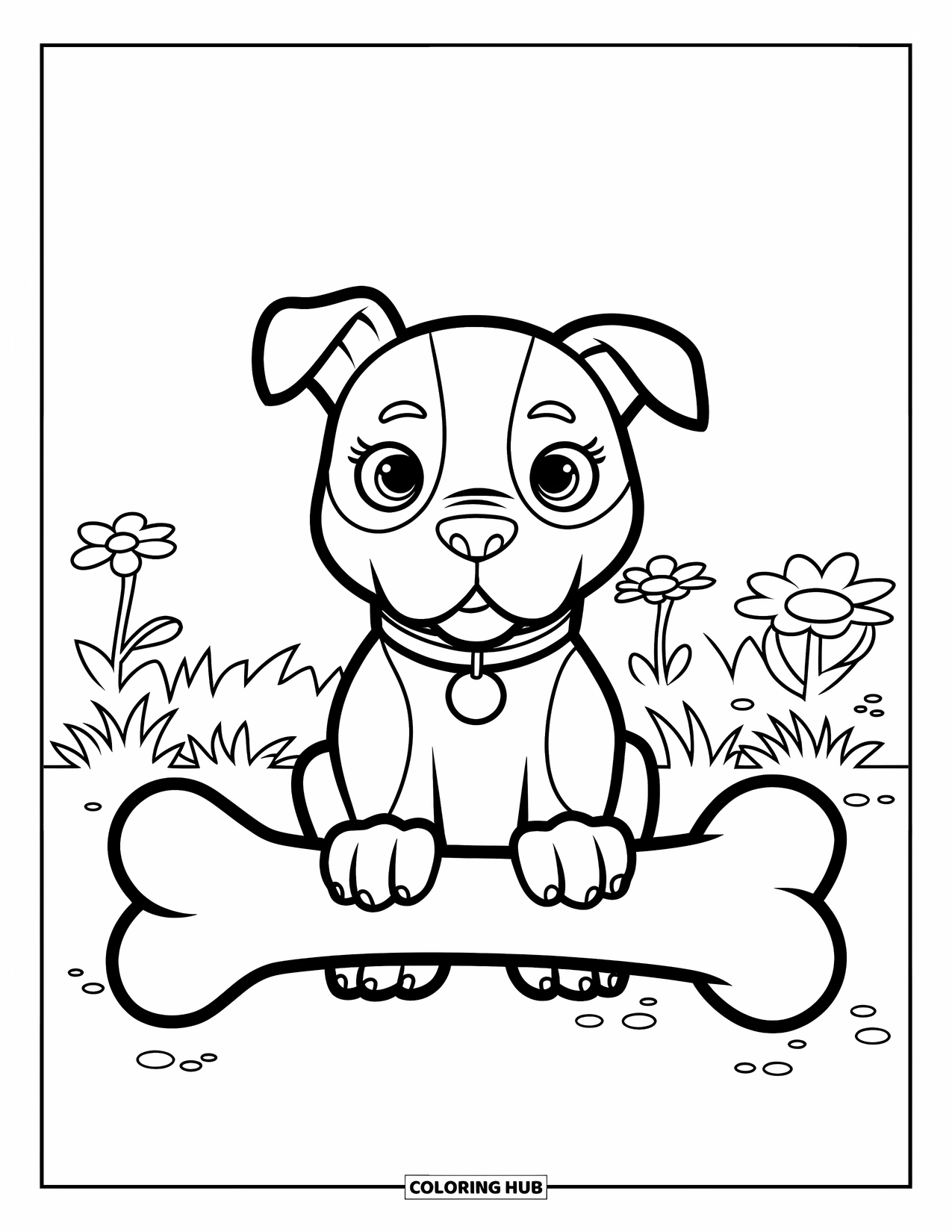 Pitbull Ausmalbild für Kinder: Pitbull mit Schlappohren lächelt neben einem großen Knochen auf dem Gras