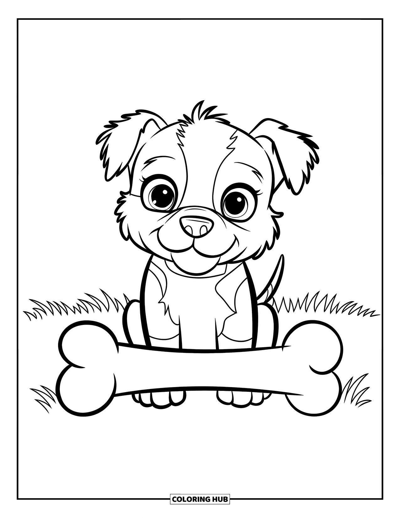 Pitbull Ausmalbild für Kinder: Pitbull mit flauschigem Fell und wedelndem Schwanz sitzt neben einem großen Knochen