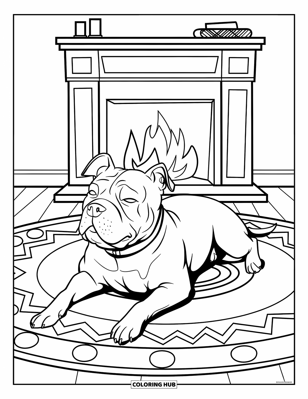 Pitbull Ausmalbild für Kinder: Pitbull mit weichem Fell döst auf einem Teppich neben einem leuchtenden Kamin