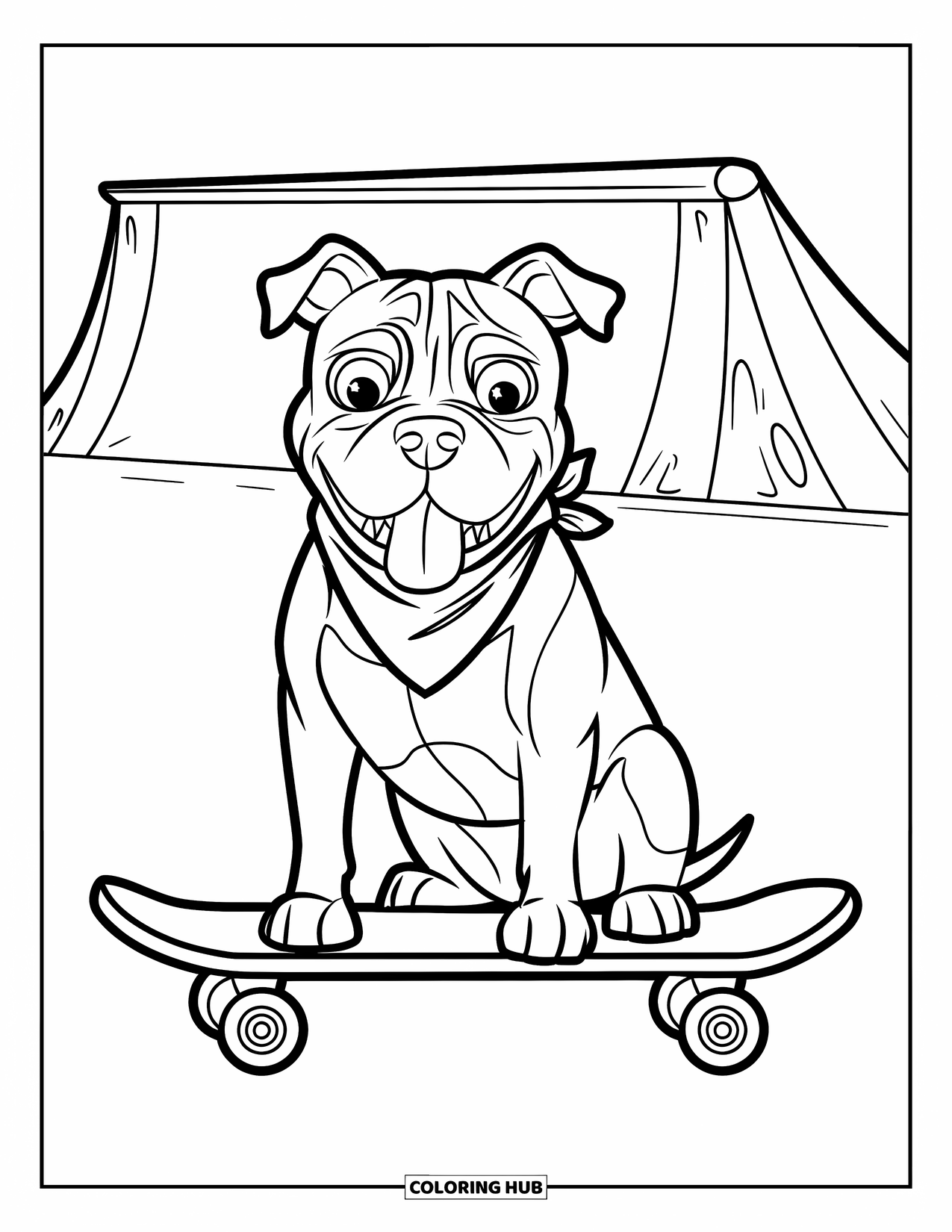Pitbull Ausmalbild für Kinder: Pitbull mit herausgestreckter Zunge sitzt auf einer Rampe und ist bereit zum Skaten