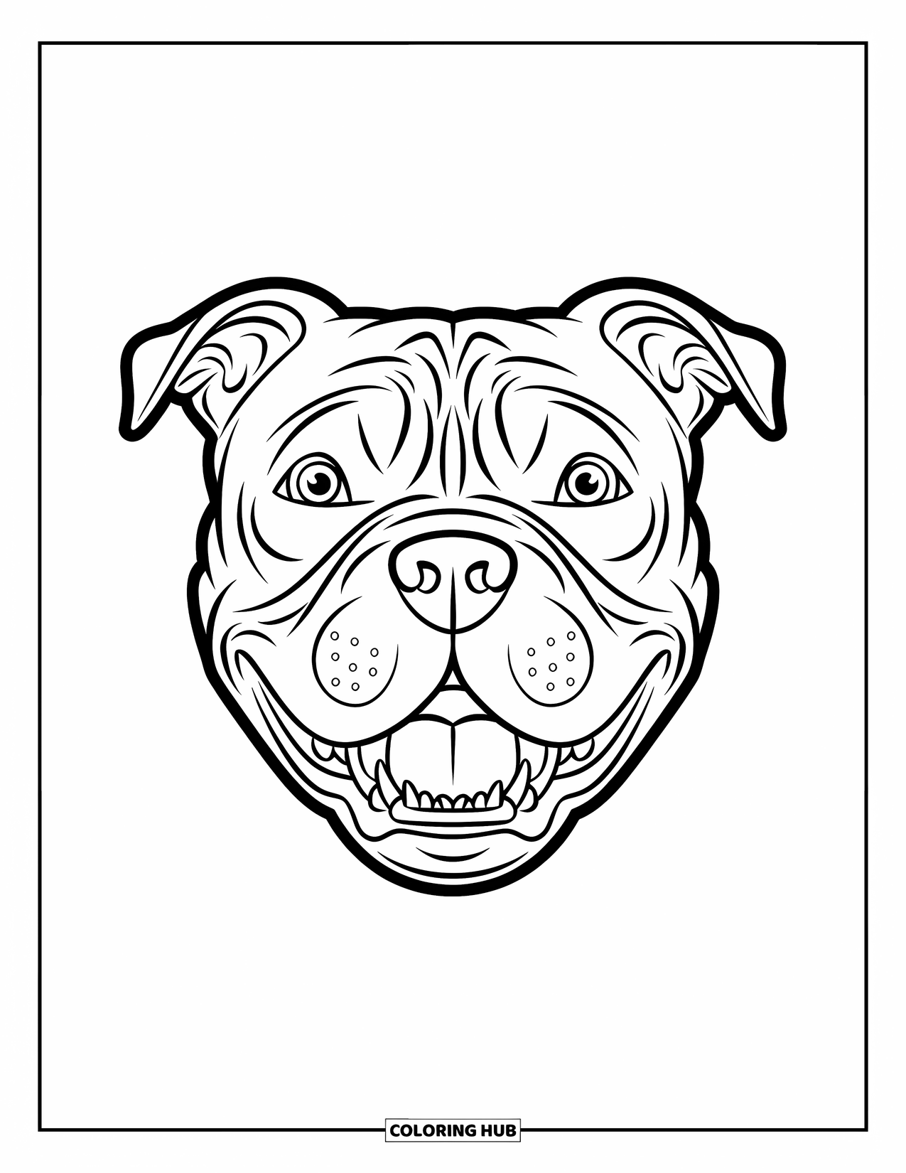 Pitbull Ausmalbild für Kinder: Das Gesicht des Pitbulls sieht aufgeregt aus mit großen Augen und einem fröhlichen Mund