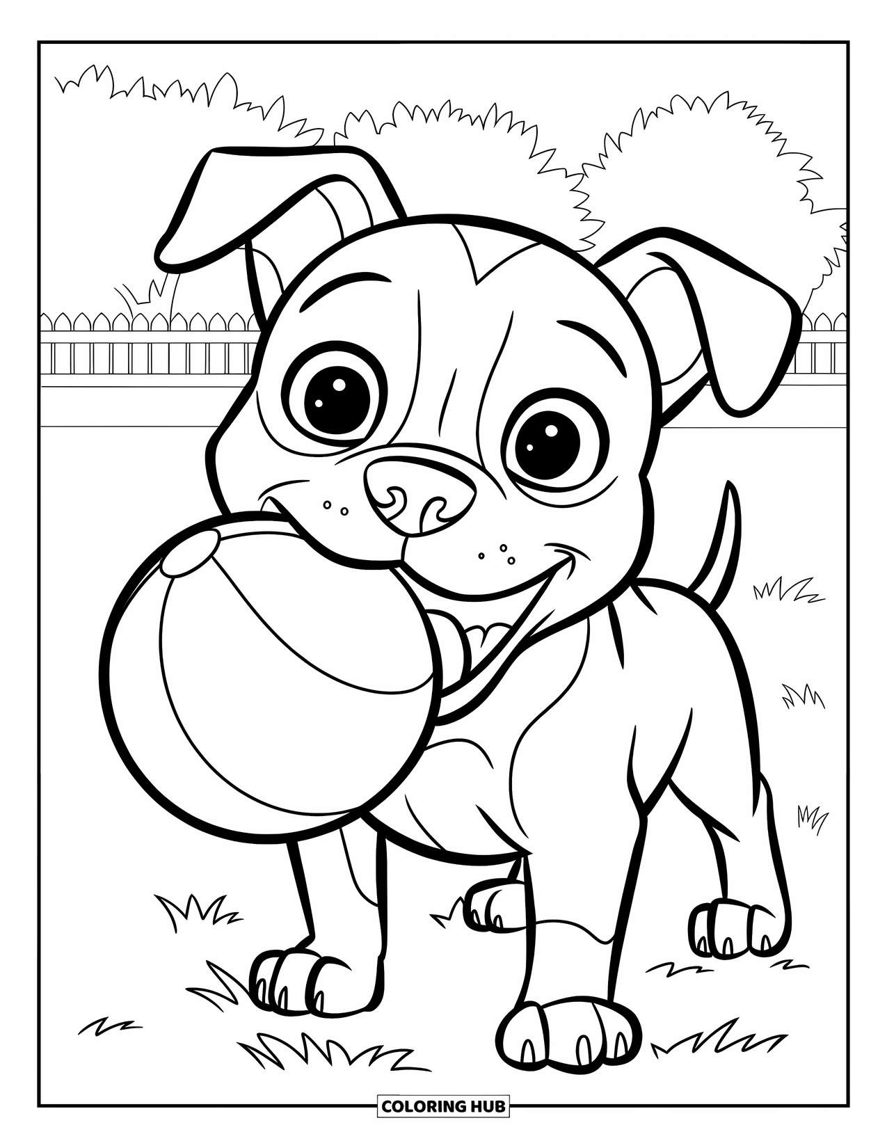 Pitbull Ausmalbild für Kinder: Lächelnder Pitbull-Welpe trägt einen Ball neben Bäumen und einem Gartenzaun