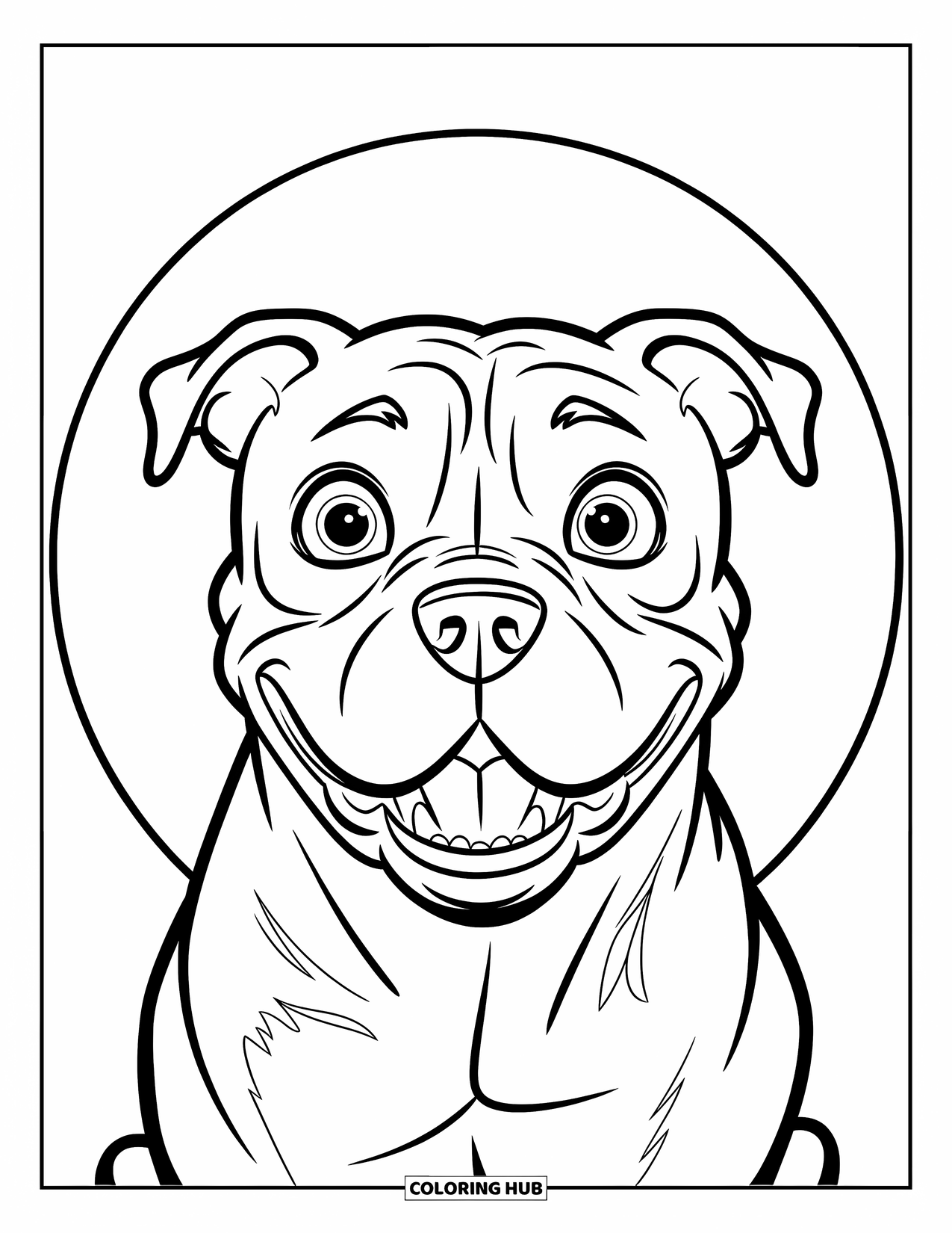 Pitbull Ausmalbild für Kinder: Lächelnder Pitbull mit Schlappohren sitzt glücklich in einem weißen Kreis