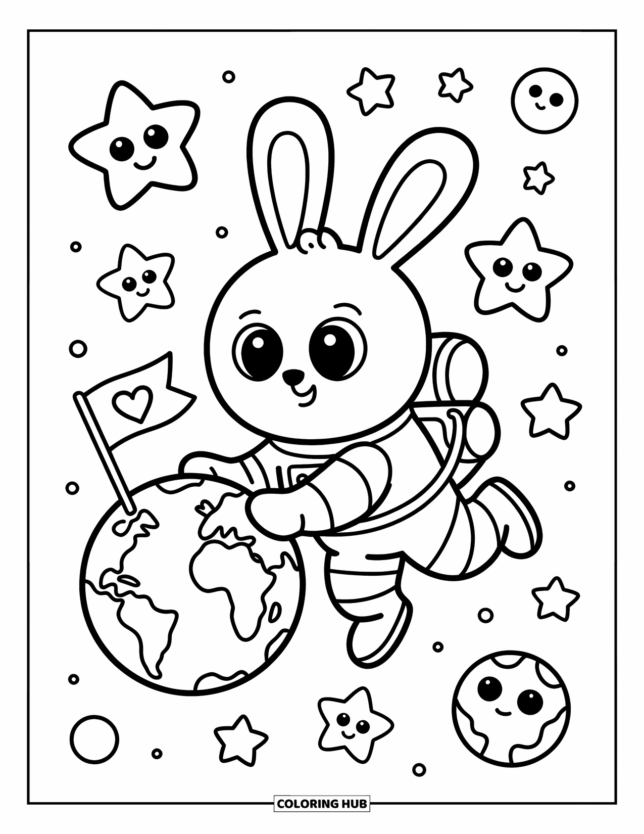 Planeet Kleurplaat voor Volwassenen: Een konijnastronaut zweeft langs de aarde en plant een hartjesvlag tussen lachende sterren en planeten