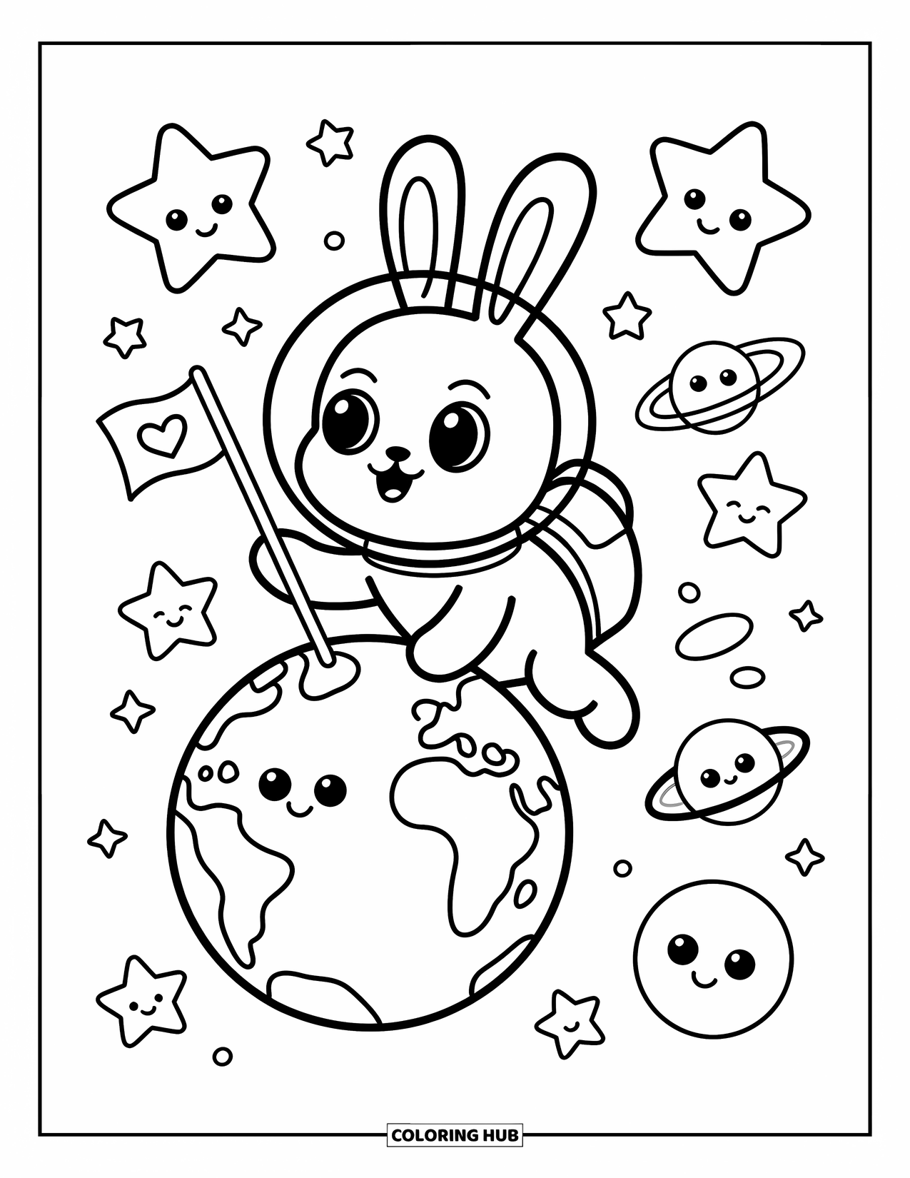 Planeet Kleurplaat voor Volwassenen: Een konijntje in de ruimte plant een hartjesvlag in de buurt van een lachende aarde met nieuwsgierige planeten