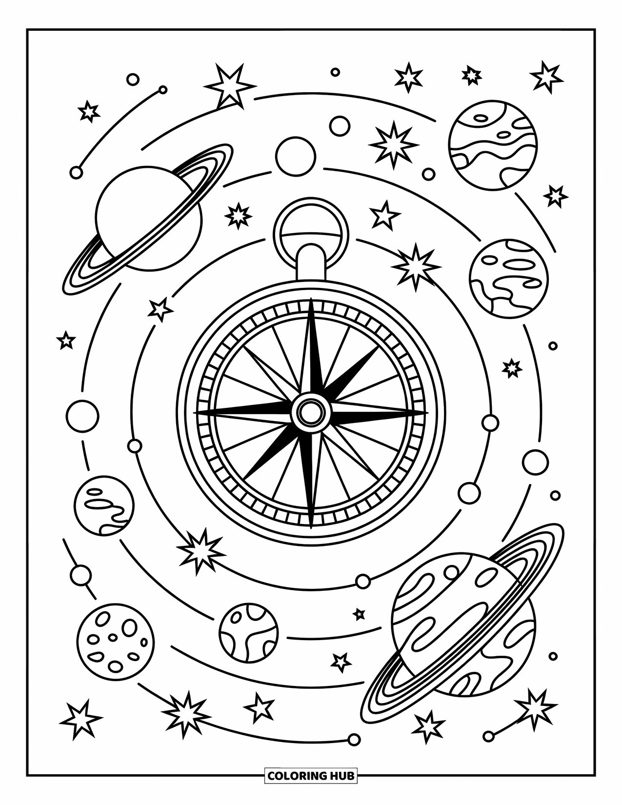 Planeet Kleurplaat voor Volwassenen: Een hemels kompas verankert een sterrenstelsel van planeten, sterrenbeelden en vloeiende ruimte-elementen