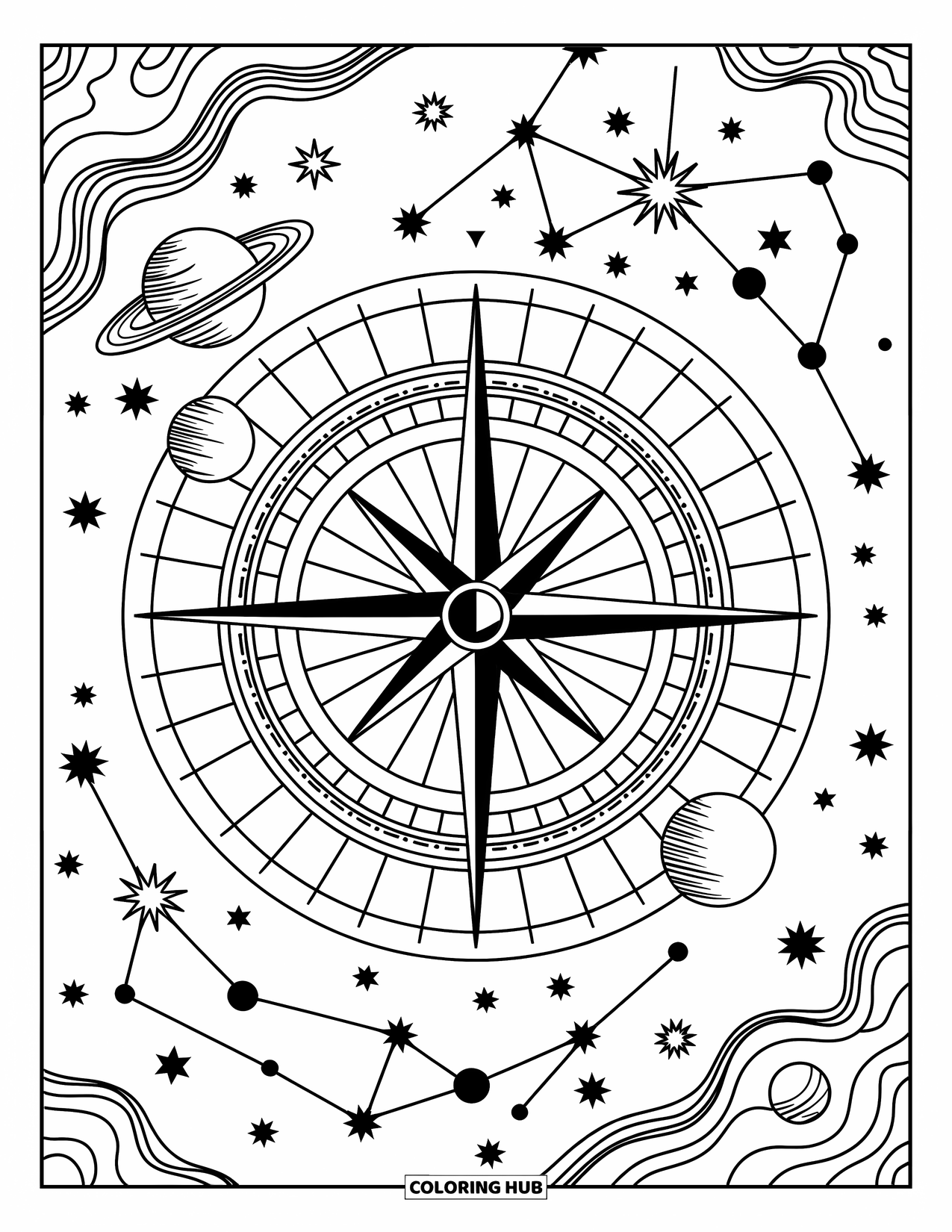 Planeet Kleurplaat voor Volwassenen: Een hemels kompas staat in het midden, met ronddraaiende planeten en wervelende sterpatronen