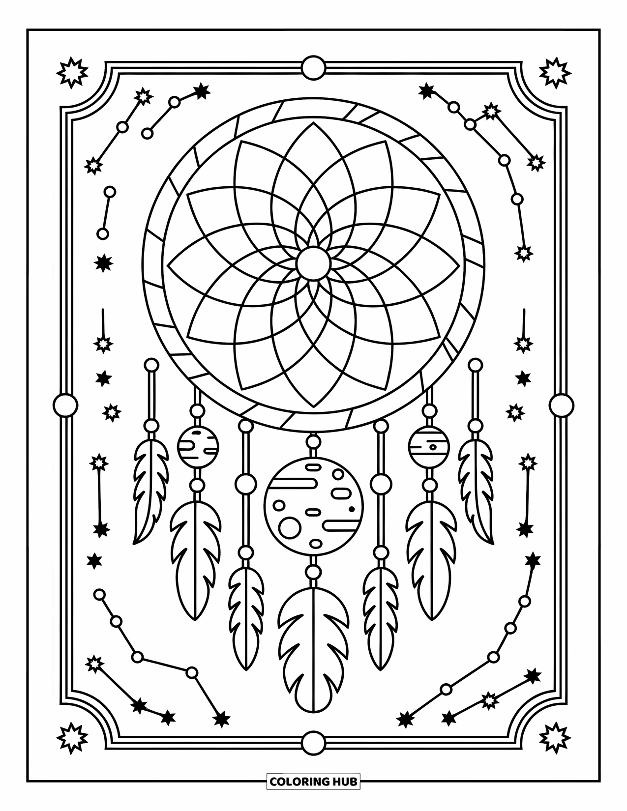 Planeet Kleurplaat voor Volwassenen: Een hemelse dromenvanger houdt planeten en manen met patronen vast, omlijst door sterren en sterrenbeelden