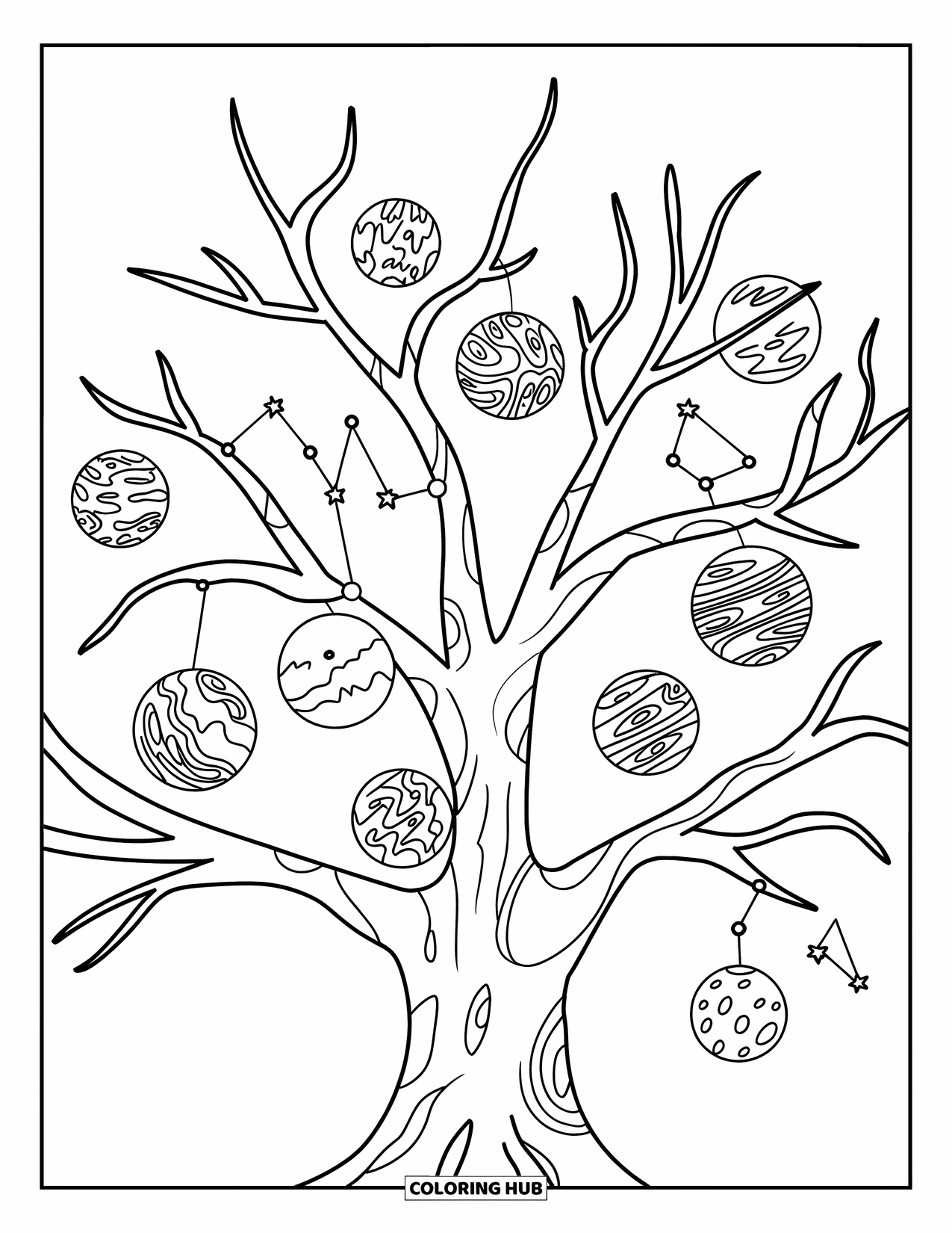 Planeet Kleurplaat voor Volwassenen: Een hemelse boom draagt planeetvruchten, met wervelende takken en sterrenbeelden die als wijnranken zijn geweven