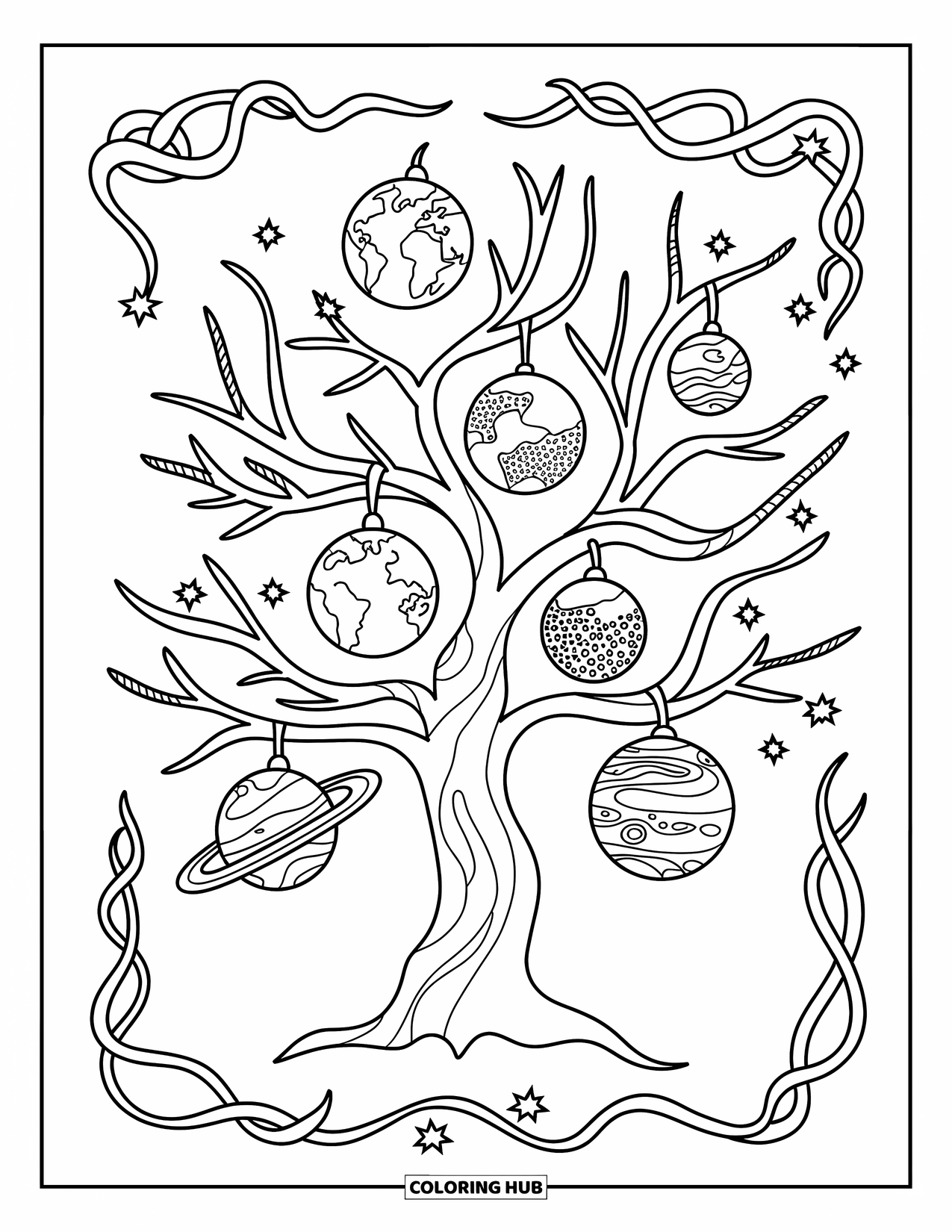 Planeet Kleurplaat voor Volwassenen: Een hemelse boom kweekt planeten als fruit, met takken die zijn verbonden door wervelende sterrenbeelden