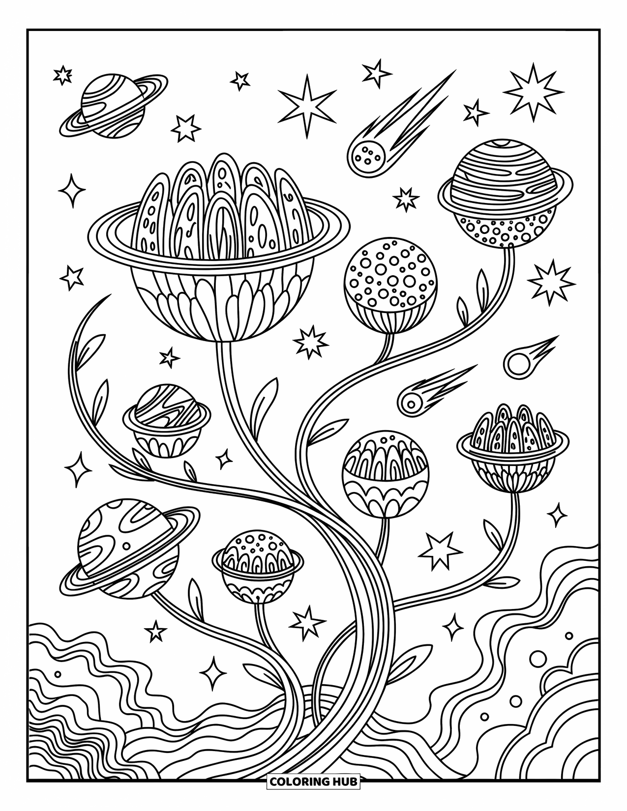 Planeet Kleurplaat voor Volwassenen: Een centrale planeet-bloem bloeit in een vloeiende ruimtetuin vol sterren en kosmische wervelingen