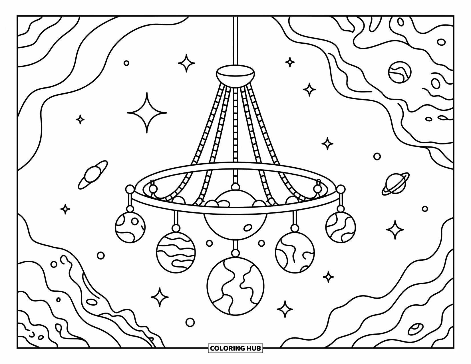 Planeet Kleurplaat voor Volwassenen: Een kosmische kroonluchter met planeten bungelt in de ruimte, omgeven door wervelende sterren en asteroïden