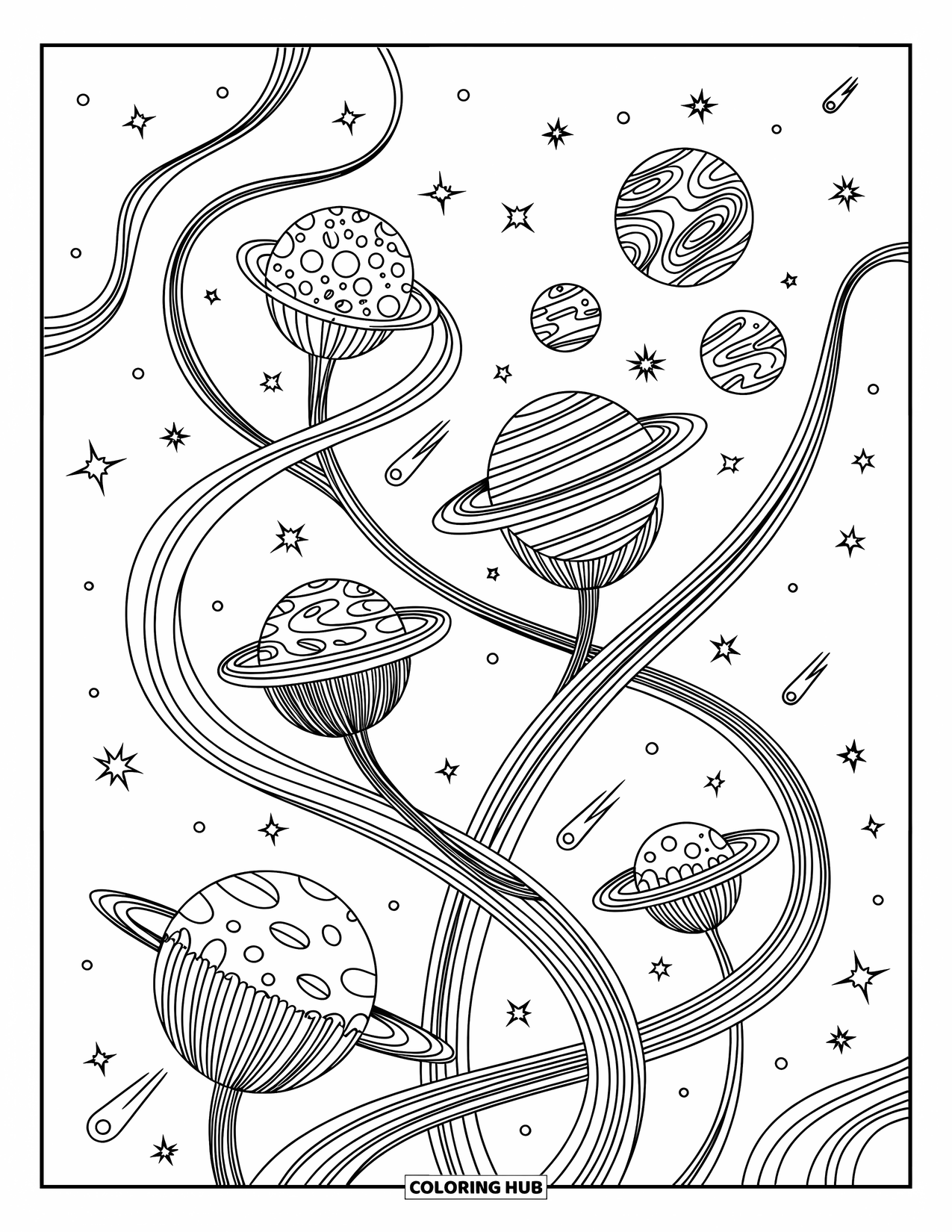 Planeet Kleurplaat voor Volwassenen: Een kosmische tuin van bloeiende planeten en vloeiende wijnranken is besprenkeld met sterren en kometen