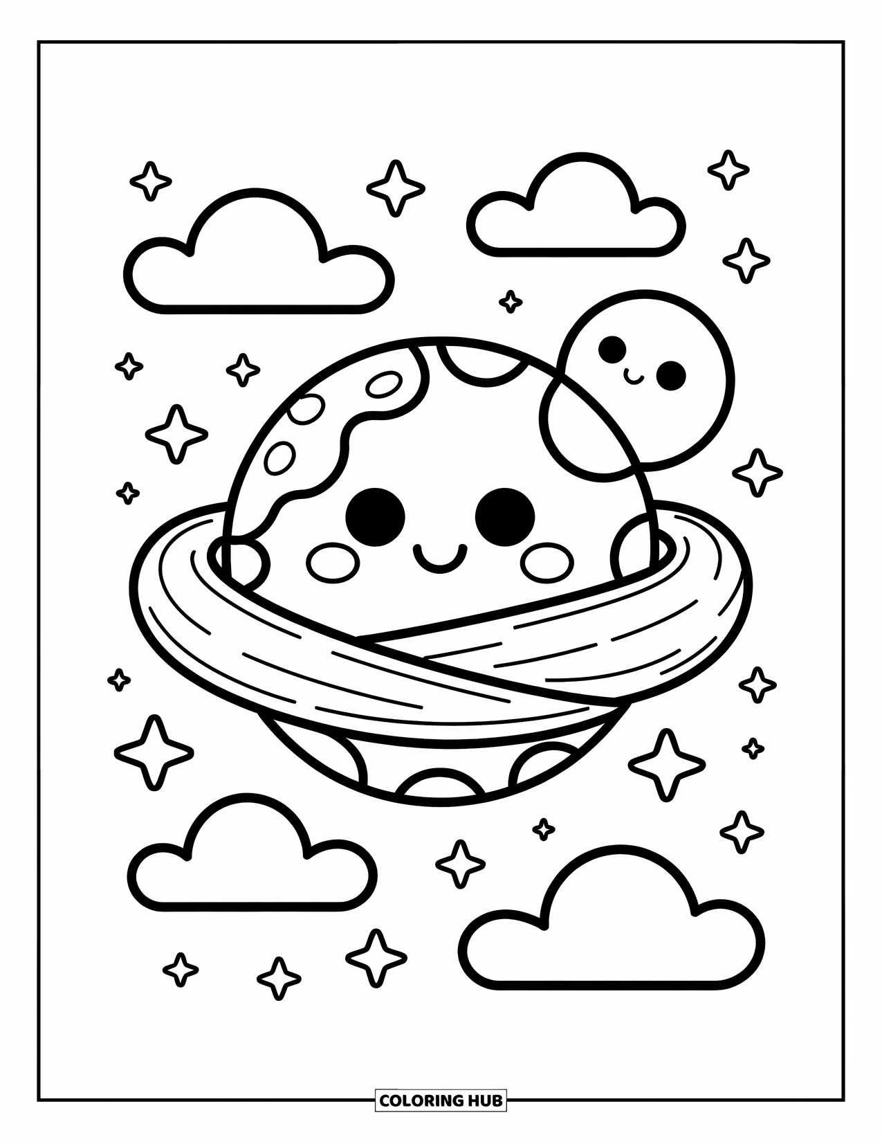 Planeet Kleurplaat voor Volwassenen: Een knusse planeet doet een dutje in een wolkenlucht, gewikkeld in sterren met een maan in de buurt