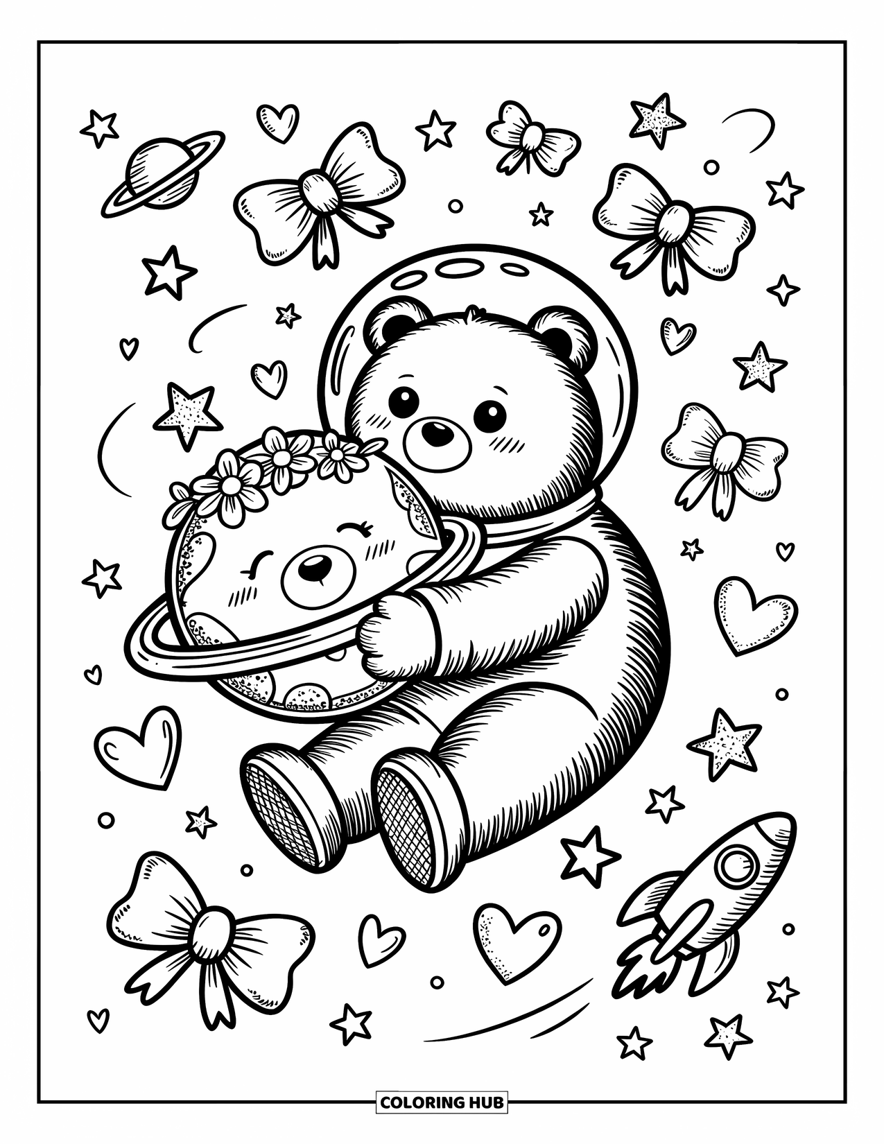 Planeet Kleurplaat voor Volwassenen: Een knuffelbeer in een ruimtepak knuffelt een kleine planeet die is gekroond met bloemen en ronddraaiende sterren