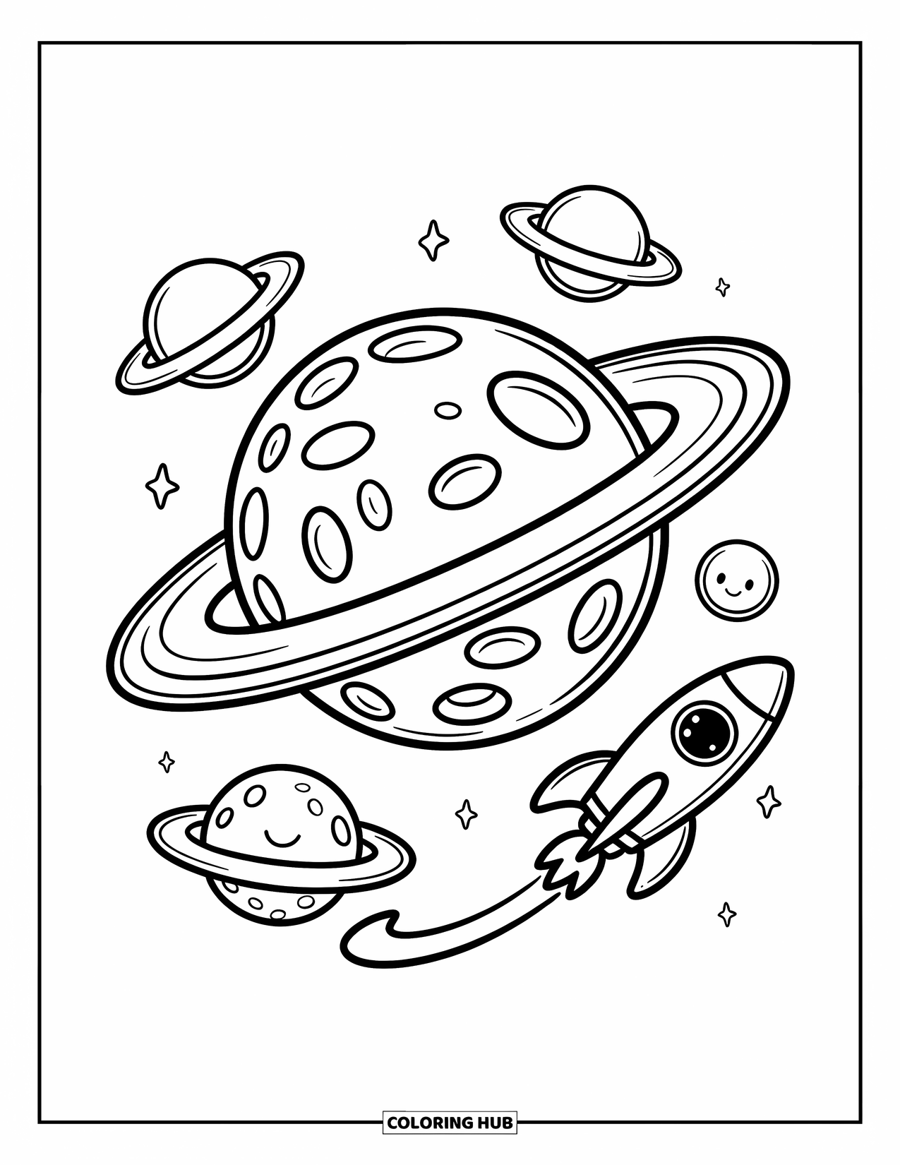 Planeet Kleurplaat voor Volwassenen: Een schattige planeet met donutringen draait rond met kleine manen in strikken en een lachende raket