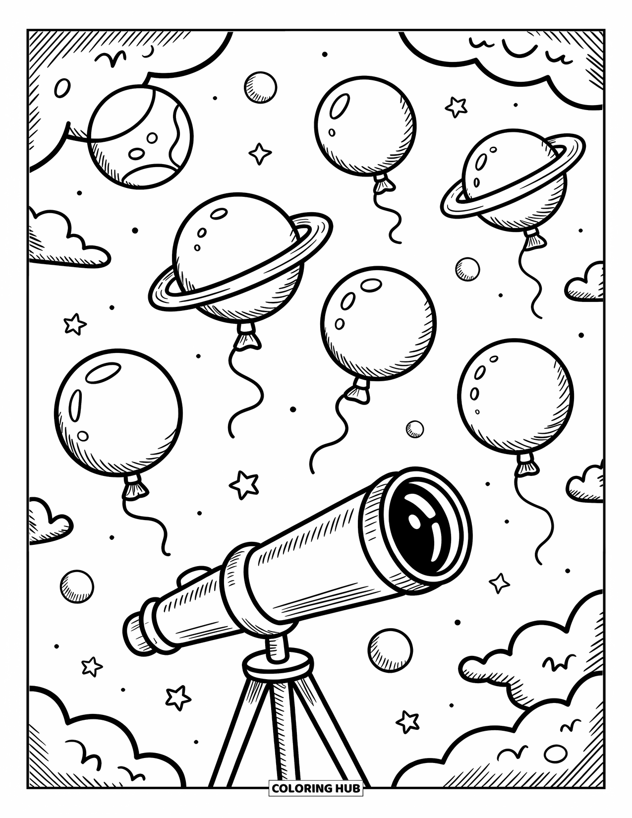 Planeet Kleurplaat voor Volwassenen: Een schattige telescoop tuurt naar zwevende planeetballonnen die zijn vastgebonden met krullende linten en kleine bedeltjes