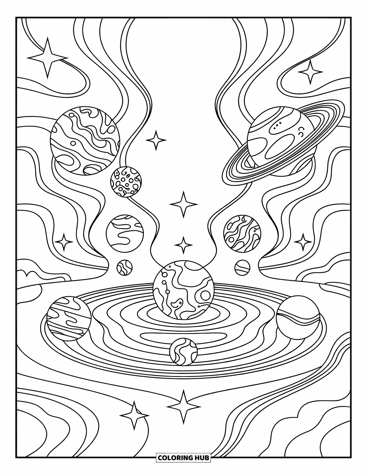 Planeet Kleurplaat voor Volwassenen: Een dromerig zonnestelsel weerspiegelt zich in wervelende sterren, met planeten en manen die in symmetrie zijn gerangschikt
