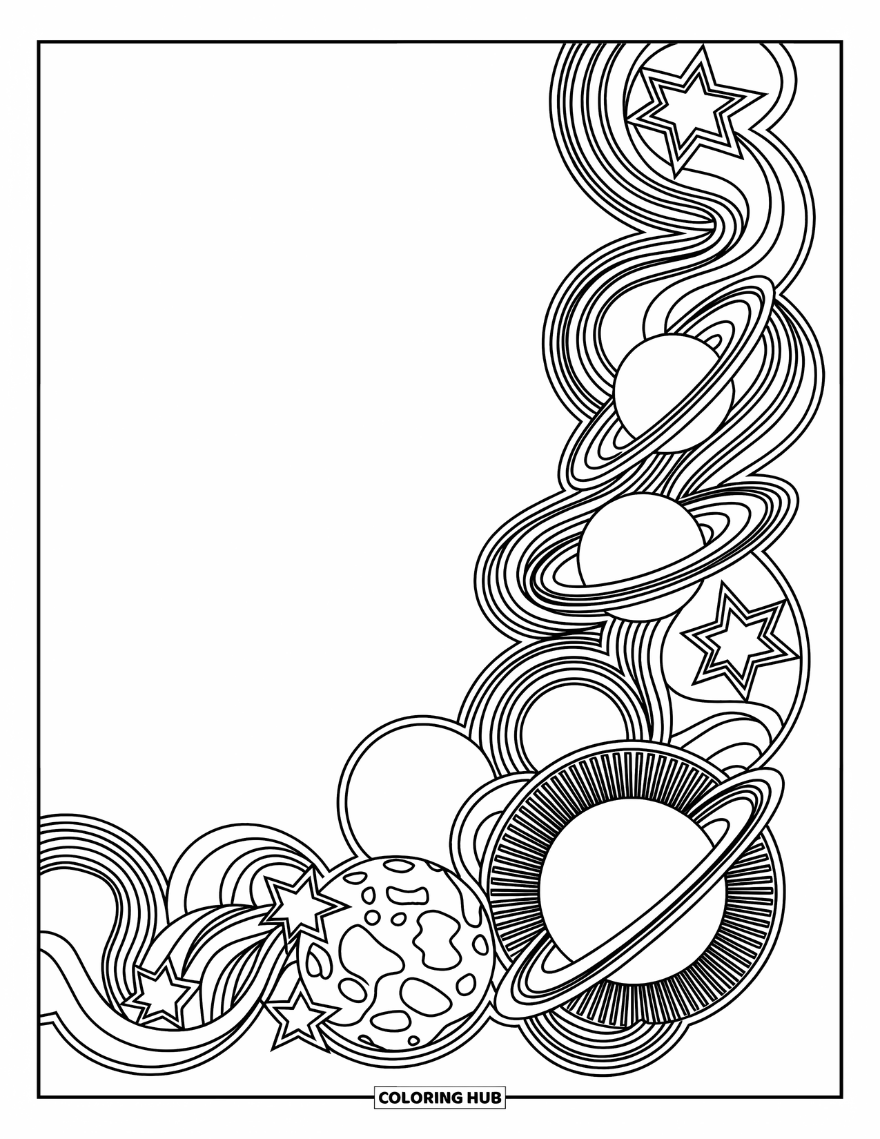 Planeet Kleurplaat voor Volwassenen: Een vloeiende rand van sterren, ringen en wervelende planeten is samengeweven tot een kosmisch kantdesign