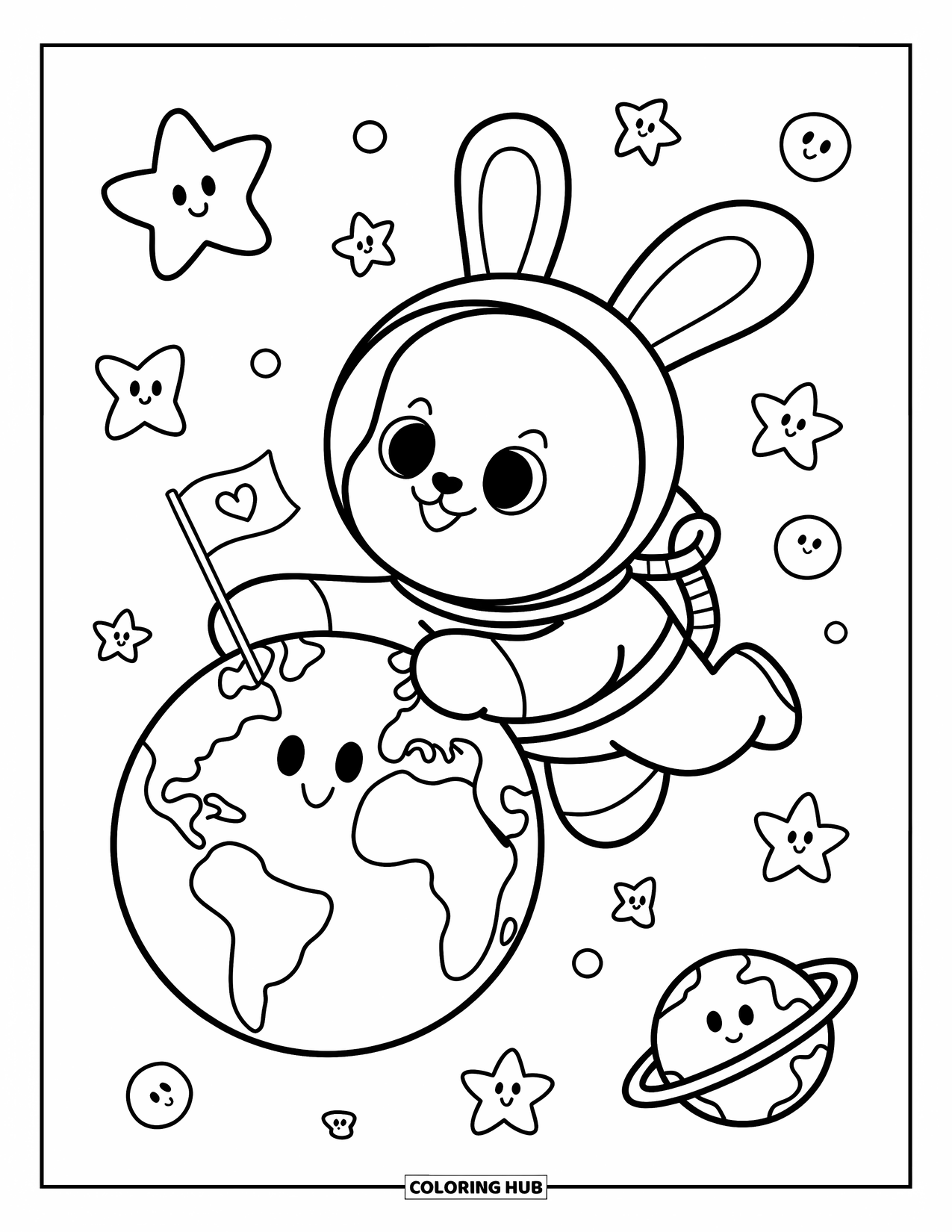Planeet Kleurplaat voor Volwassenen: Een blij konijntje zweeft in de buurt van de aarde met een hartjesvlag en lachende sterren aan de hemel