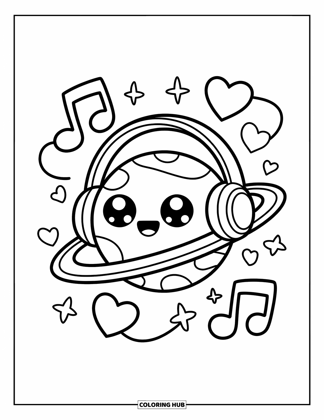 Planeet Kleurplaat voor Volwassenen: Een blije planeet met een koptelefoon zweeft door ronddraaiende noten, harten en sprankelende sterbedeltjes