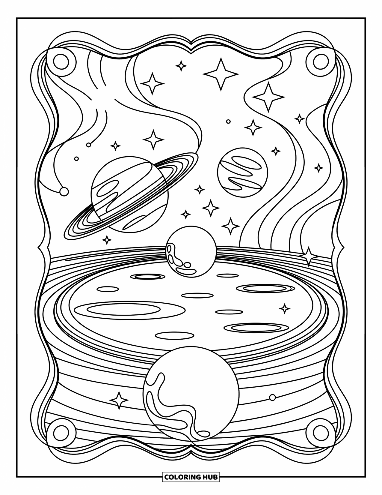 Planeet Kleurplaat voor Volwassenen: Een gespiegeld zonnestelsel zweeft boven een wervelend sterrenbad met ingewikkelde, dromerige patronen