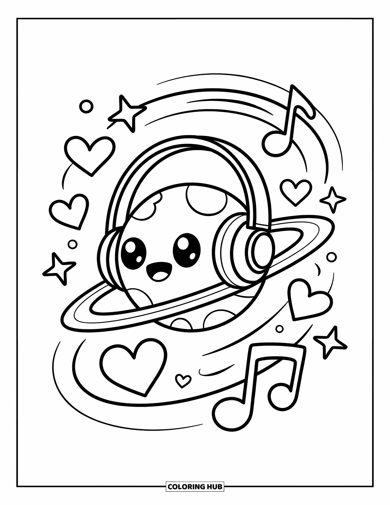 Planeet Kleurplaat voor Volwassenen: Een planeet met een koptelefoon zweeft tussen muzieknoten, harten en sprankelende sterbedeltjes