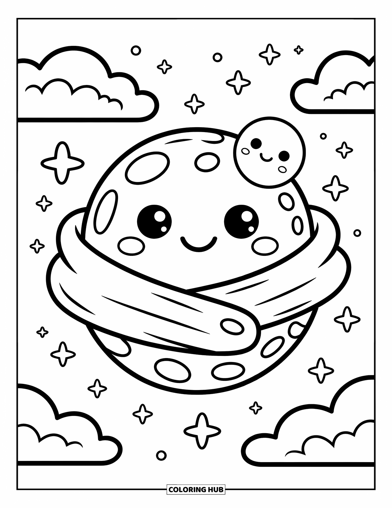 Planeet Kleurplaat voor Volwassenen: Een slaperige planeet zweeft in een sterrendeken met wolken, glitters en een pluchen maan