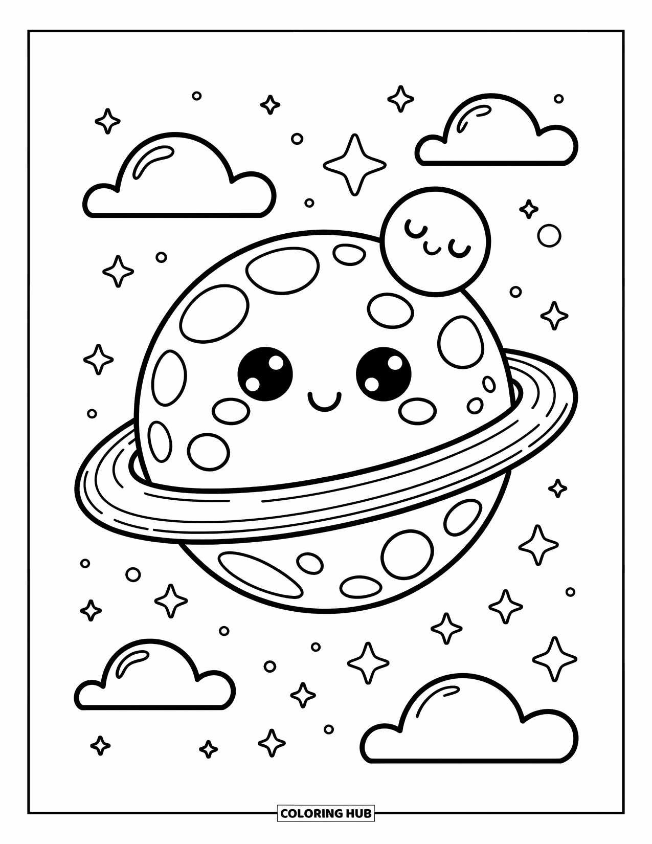 Planeet Kleurplaat voor Volwassenen: Een slaperige planeet, gewikkeld in sterren, rust met glitters en een maan als een zacht speeltje