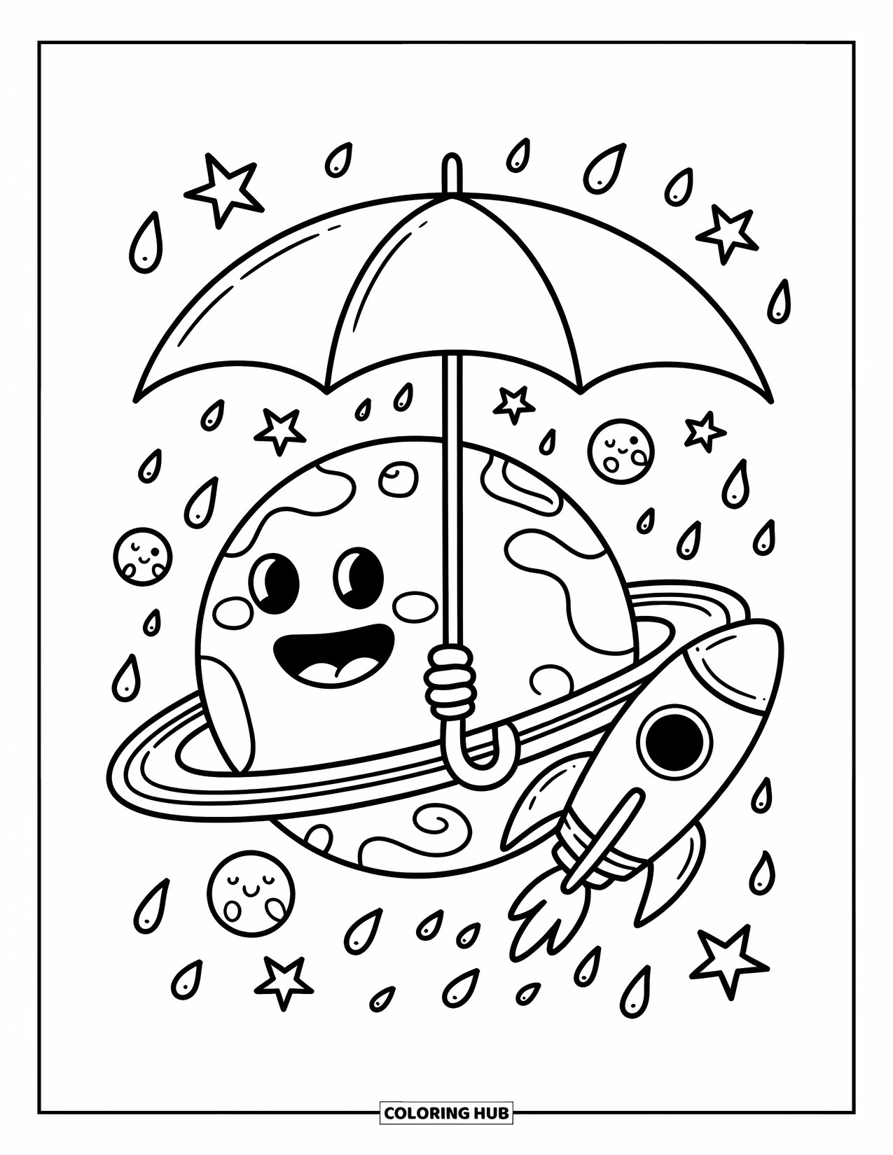 Planeet Kleurplaat voor Volwassenen: Een lachende planeet houdt een paraplu vast terwijl manen zich eronder verzamelen en een raket voorbij zoeft