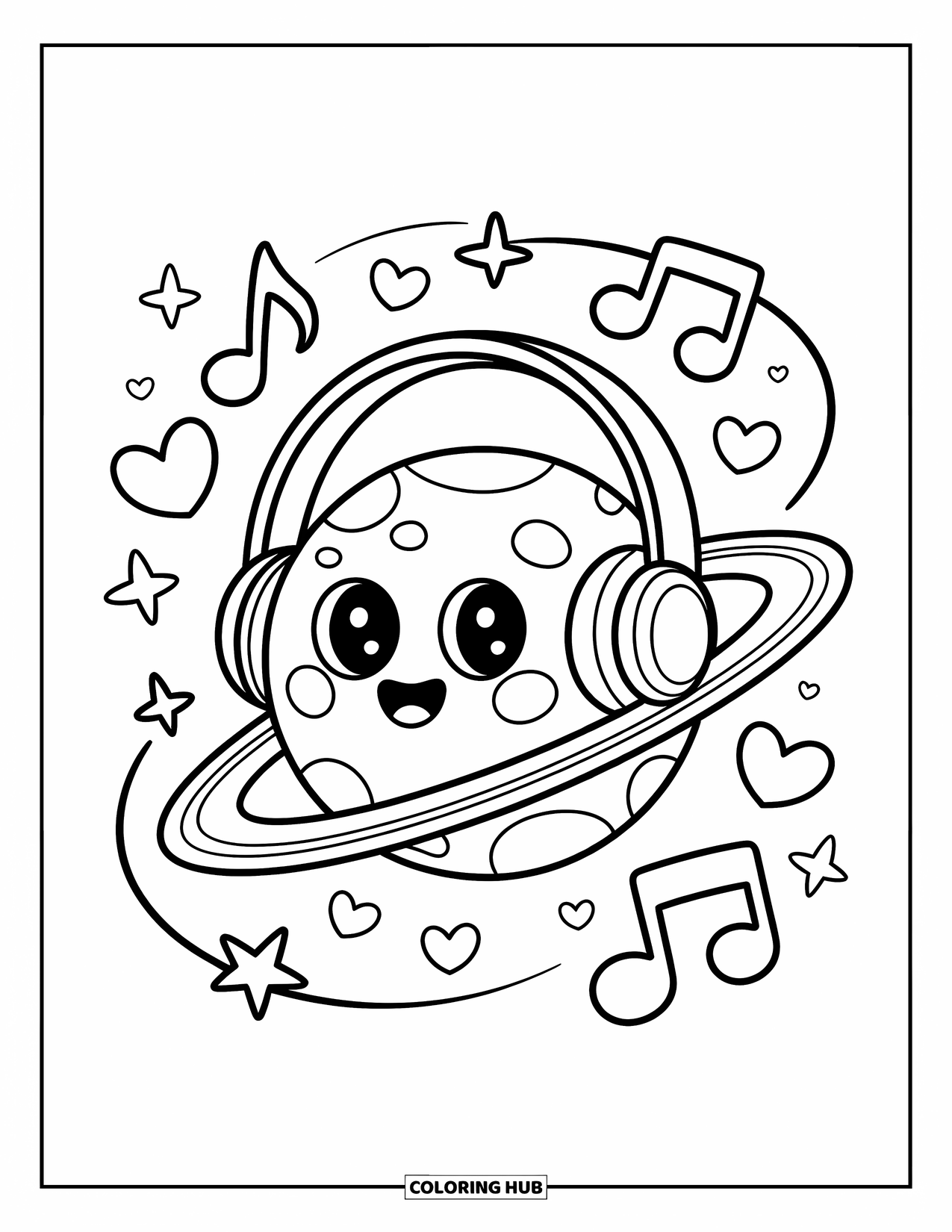 Planeet Kleurplaat voor Volwassenen: Een lachende planeet met een koptelefoon zweeft in een met muziek gevulde ruimte met sterren en kleine instrumenten