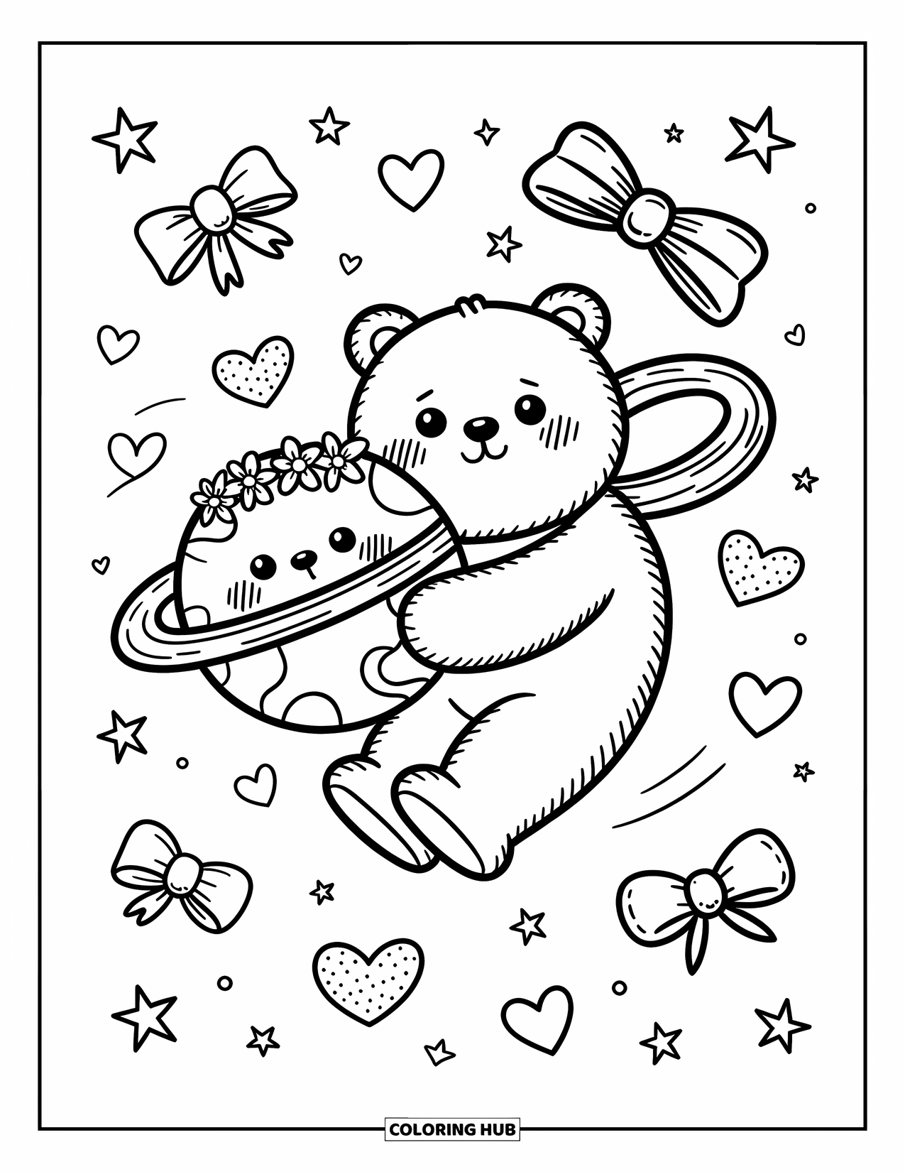 Planeet Kleurplaat voor Volwassenen: Een lieve beer knuffelt een met bloemen gekroonde planeet terwijl sterren, harten en strikken om hen heen zweven