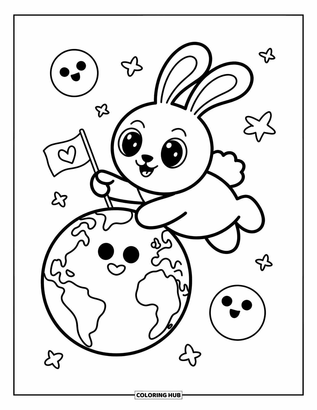 Planeet Kleurplaat voor Volwassenen: Een lief konijntje plant een hartjesvlag naast een lachende aarde en vrolijke sterrenvriendjes