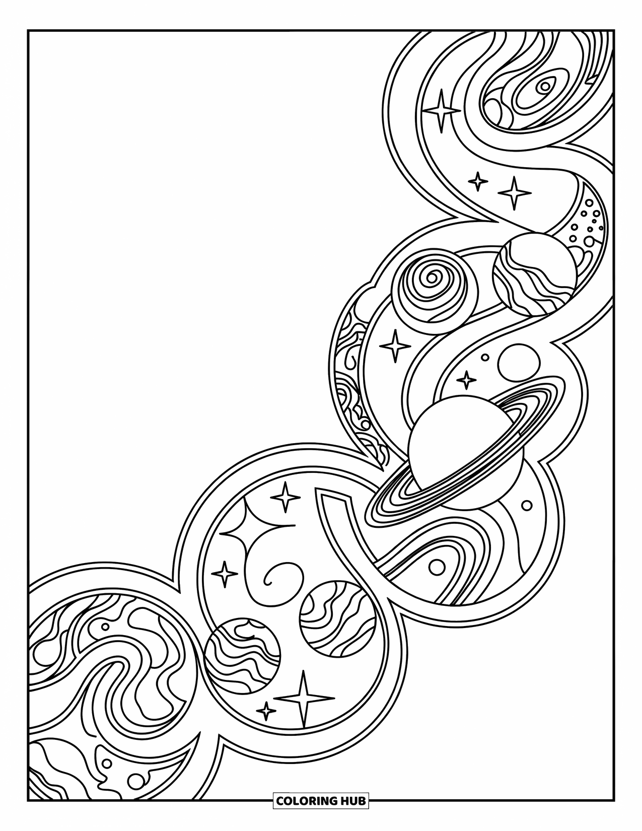 Planeet Kleurplaat voor Volwassenen: Een symmetrische rand van wervelende sterren en planeten creëert een dromerig en ingewikkeld kosmisch ontwerp