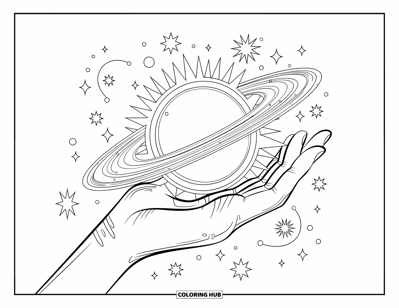 Planeet Kleurplaat voor Volwassenen: Een elegante hand houdt een zonnestelselbol vast, omwikkeld met wervelende sterren en sterrenstelsels