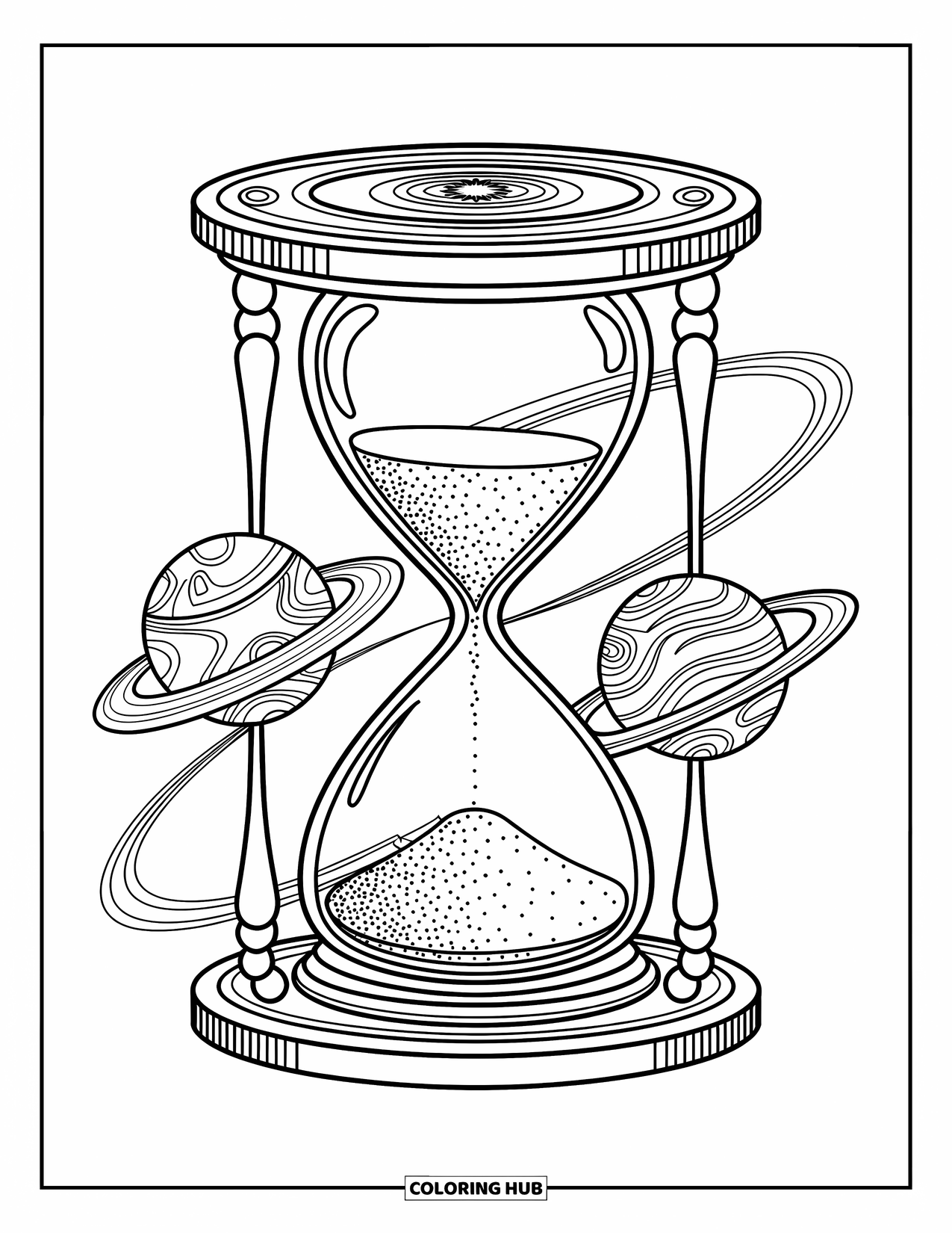 Planeet Kleurplaat voor Volwassenen: Een zandloper giet zand tussen planeten met hemelse symbolen en vloeiende kosmische ontwerpen