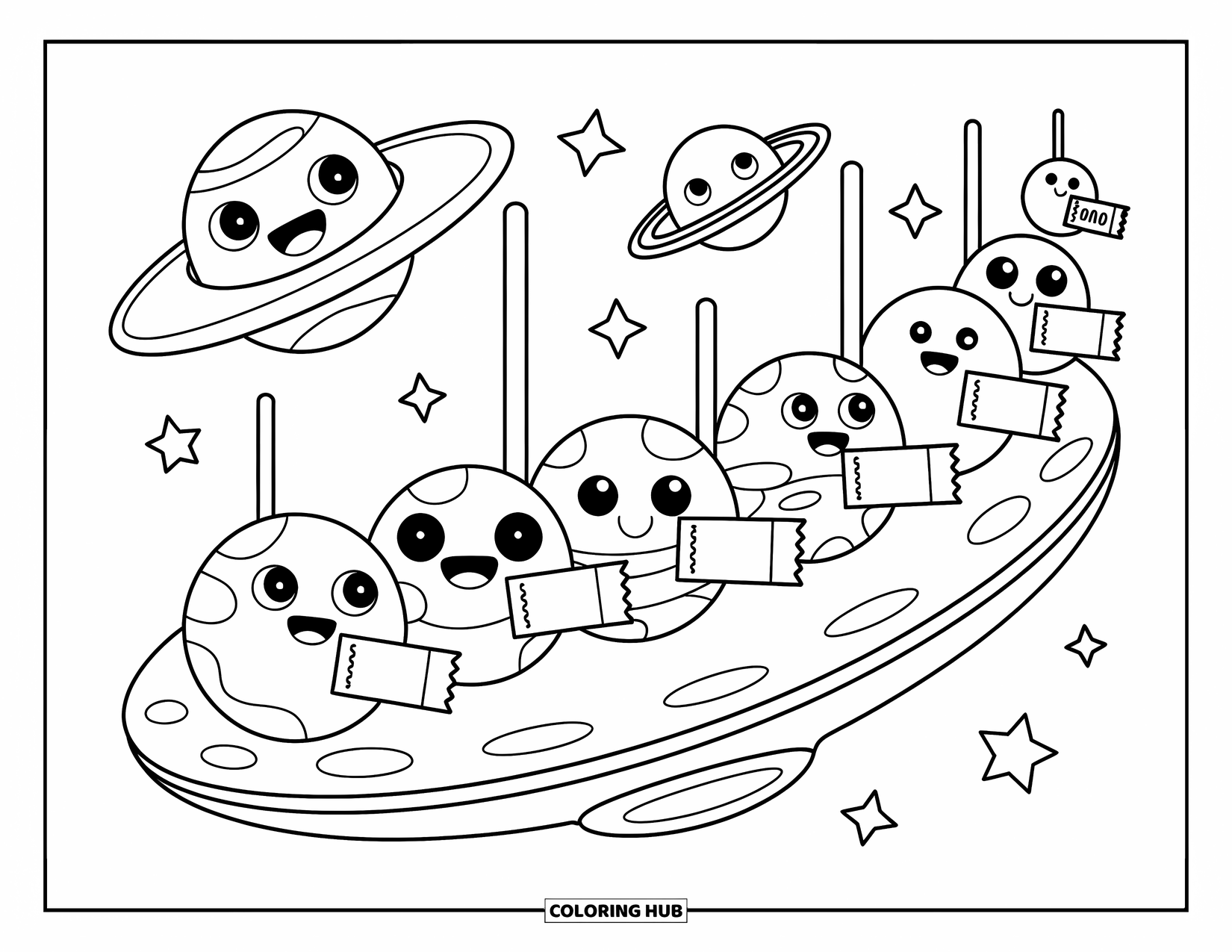 Planeet Kleurplaat voor Volwassenen: Vrolijke planeten staan in de rij met kaartjes voor een ritje op een zwevende UFO-carrousel