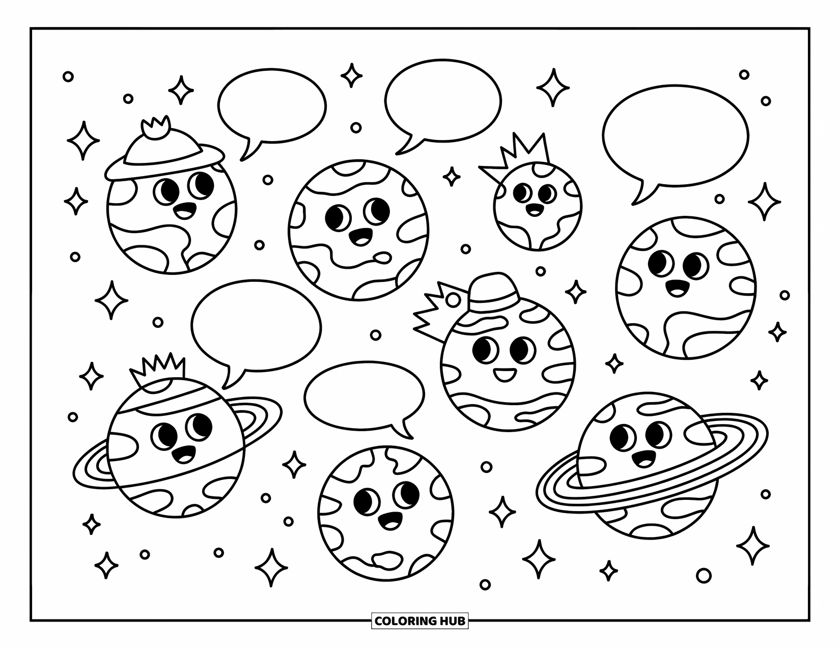 Planeet Kleurplaat voor Volwassenen: Chibi-planeten kletsen vrolijk in de ruimte, dragen leuke accessoires en zijn omgeven door sprankelende sterren