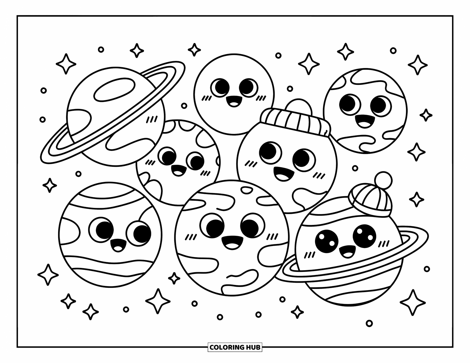 Planeet Kleurplaat voor Volwassenen: Expressieve planeten met hoeden en brillen kletsen in een fonkelende hemel vol glitters