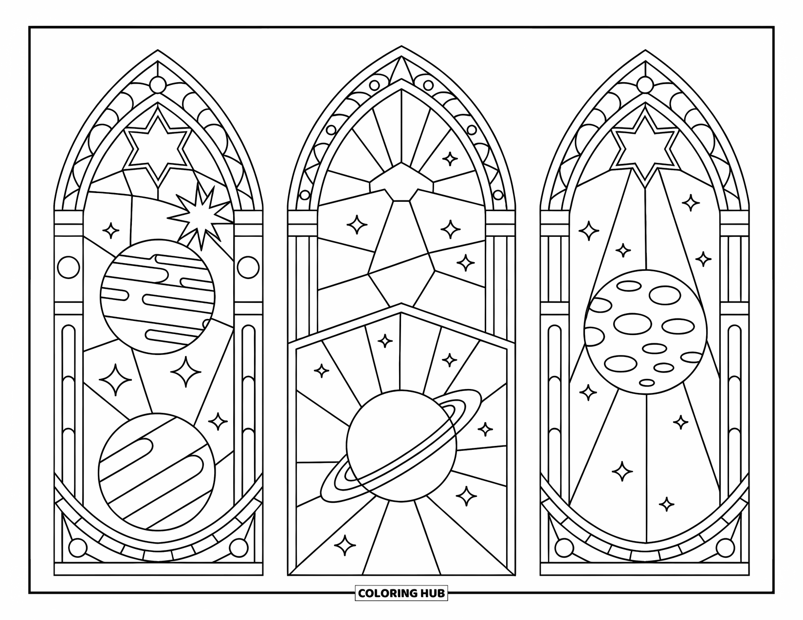 Planeet Kleurplaat voor Volwassenen: Ingewikkelde planeten rusten in gotische bogen, omgeven door sterren en bloemrijke glas-in-looddetails