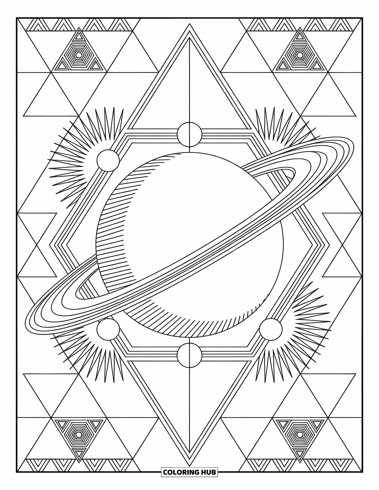 Planeet Kleurplaat voor Volwassenen: Ronddraaiende planeten zitten in met sterren gevulde driehoeken en zeshoeken in een evenwichtige, geometrische lay-out