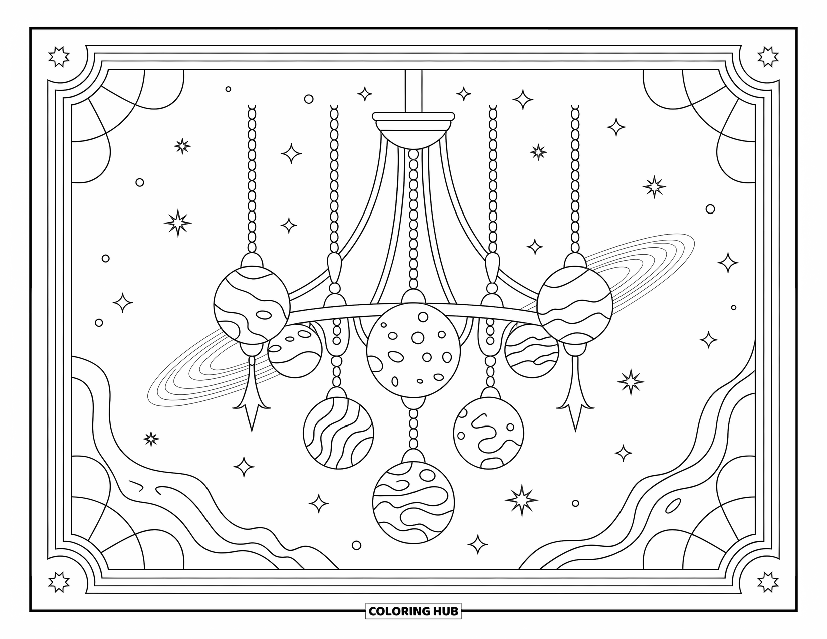 Planeet Kleurplaat voor Volwassenen: Sierlijke kettingen houden planeten met patronen vast in een kroonluchter omgeven door sterren en ruimtemotieven